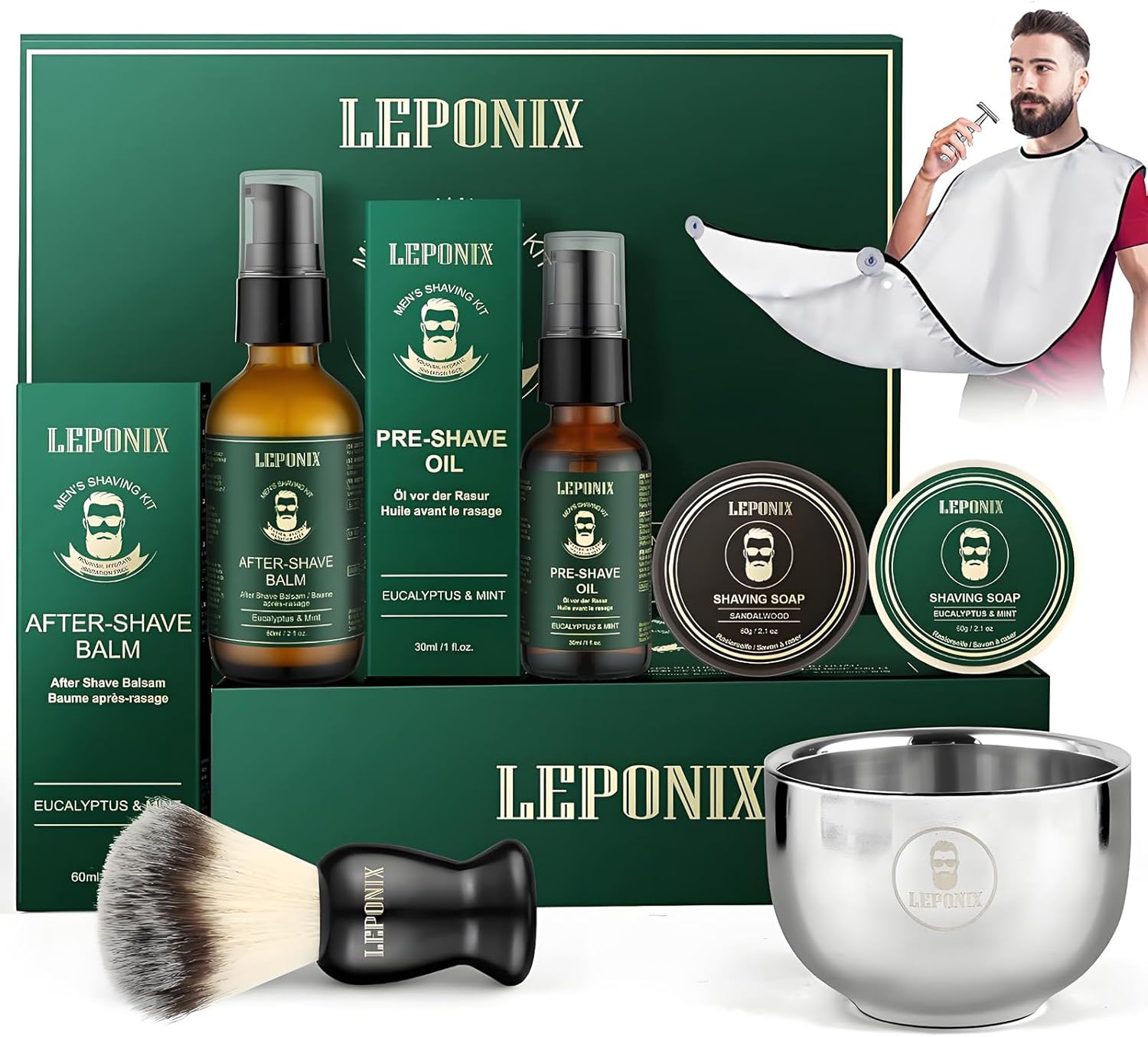 Shaving Kit for Men, Mens Shaving Kit Include Eucalyptus & Mint Pre-Shave Oil, Aftershave Balm, 2 Packs Shaving Soap, Shaving Brush and Bowl, Beard Bib, Unique Shaving Gift Set for Men