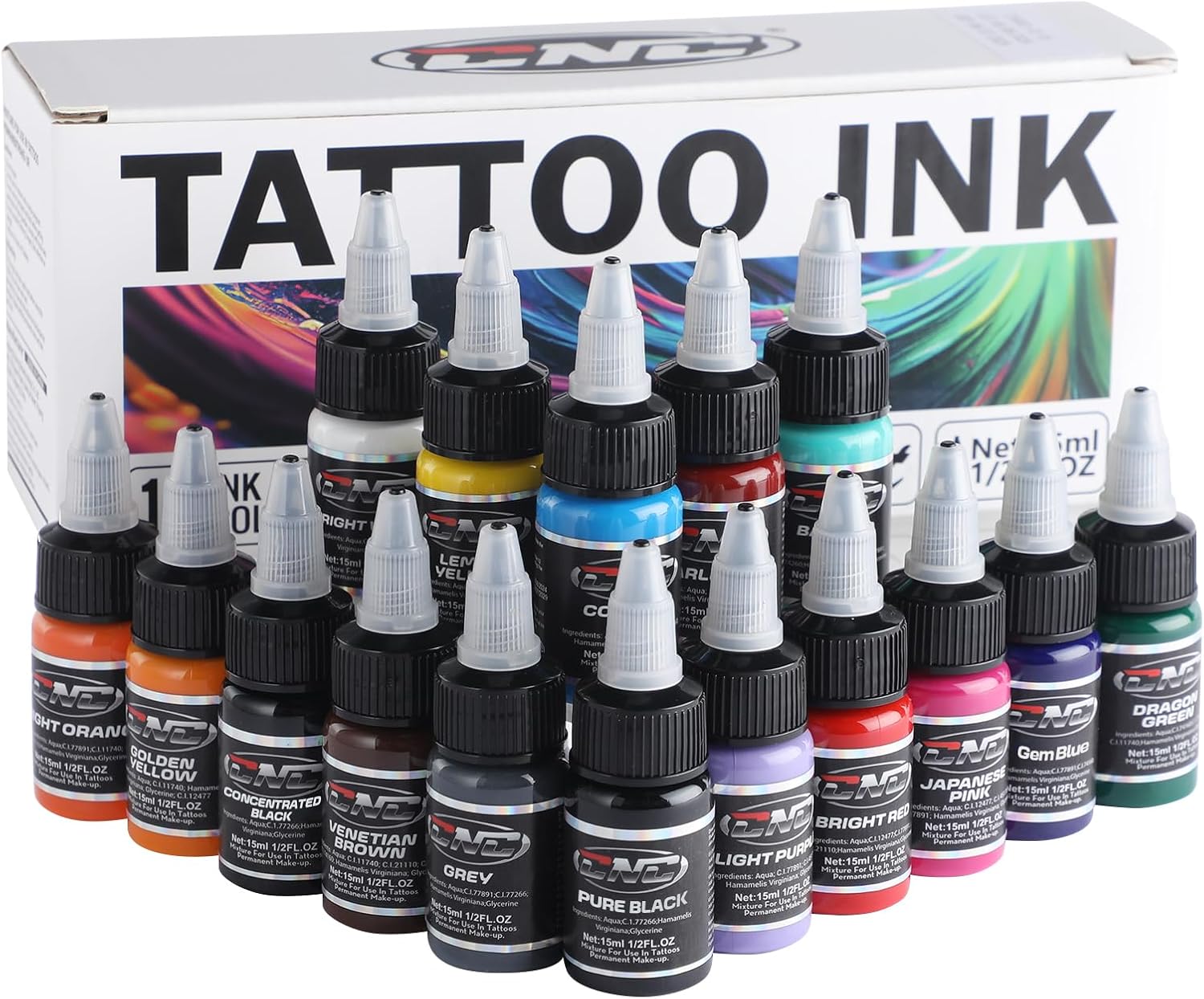 CNC Tattoo Ink Black Colors Kit 16 Colors Set Basic Colours 1/2oz (15 ml) - Tattoo Pigment TI6003EU-15-16