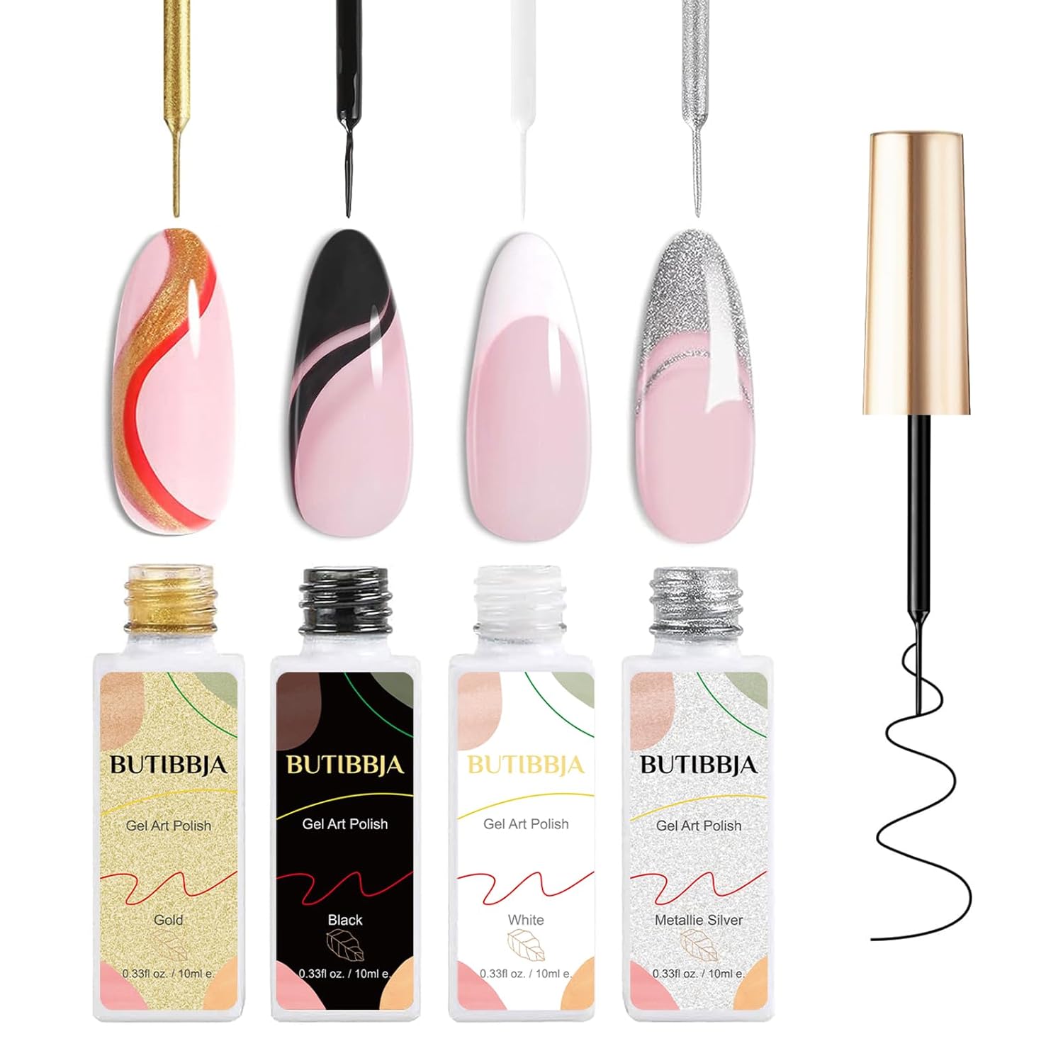 Gel Liner Nail Art Polish Set 4 Pcs,Black White Gold Silver Glitters Colors, with Thin Nail Art Brush in Bottle,Use with Soak off Led Lamp,Each 0.33fl.oz