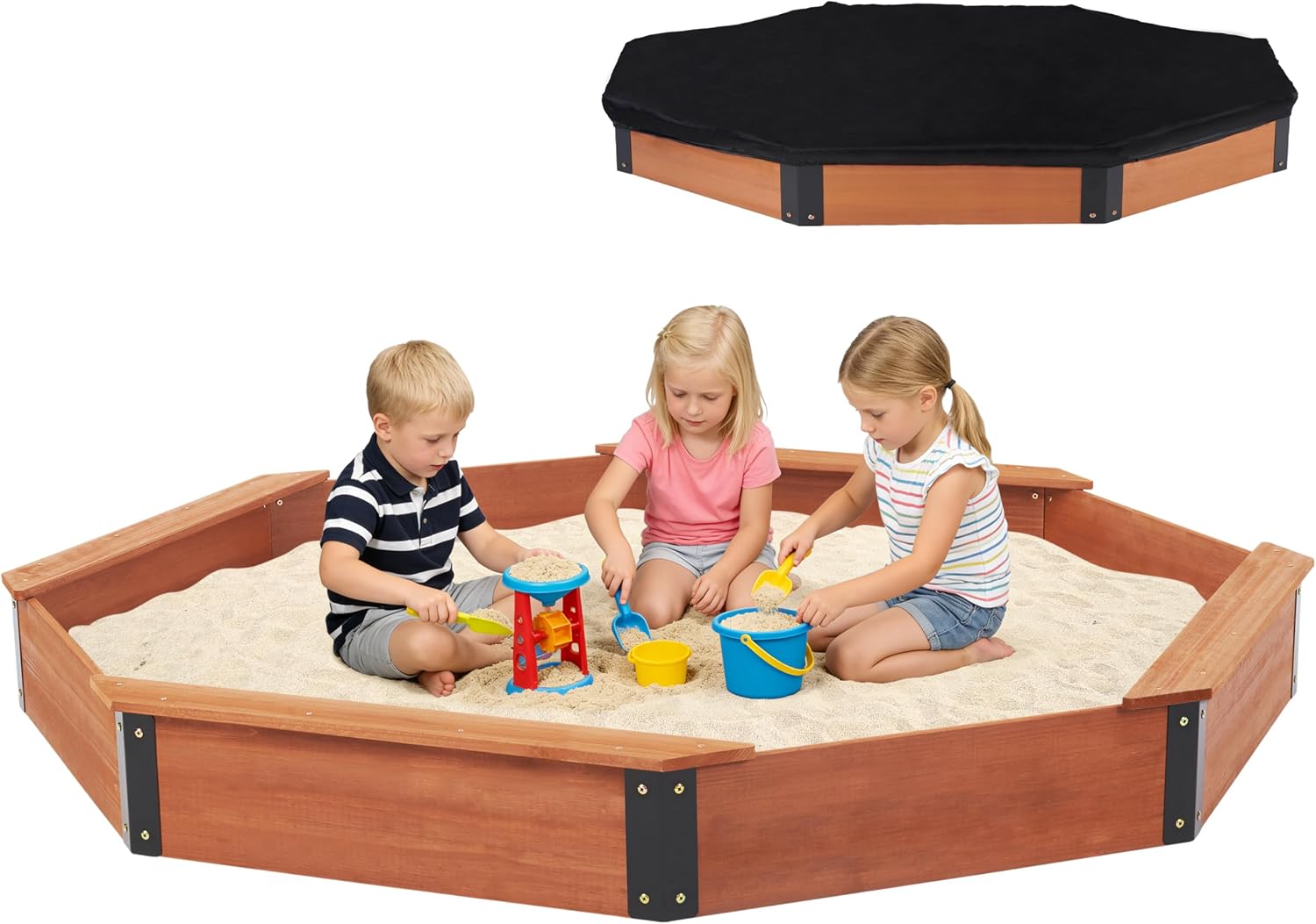 Cedar Wood Octagon Sandbox,84.5 inch Large Sandpit with 4 Seats Bench