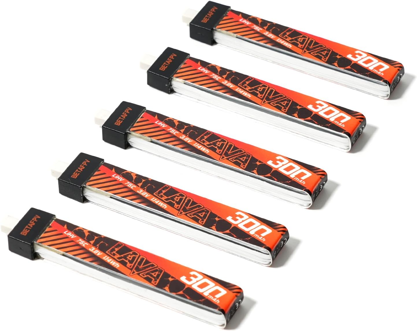 BETAFPV 5pcs Lava 1S 300mAh Lipo Battery 3.8V 75C LiHV Battery with BT2.0 Connector Compatible for 1S FPV Tiny Whoop Drone Quadcopter Like Cetus, Meteor65, Meteor65 Pro 1S Brushless Drones