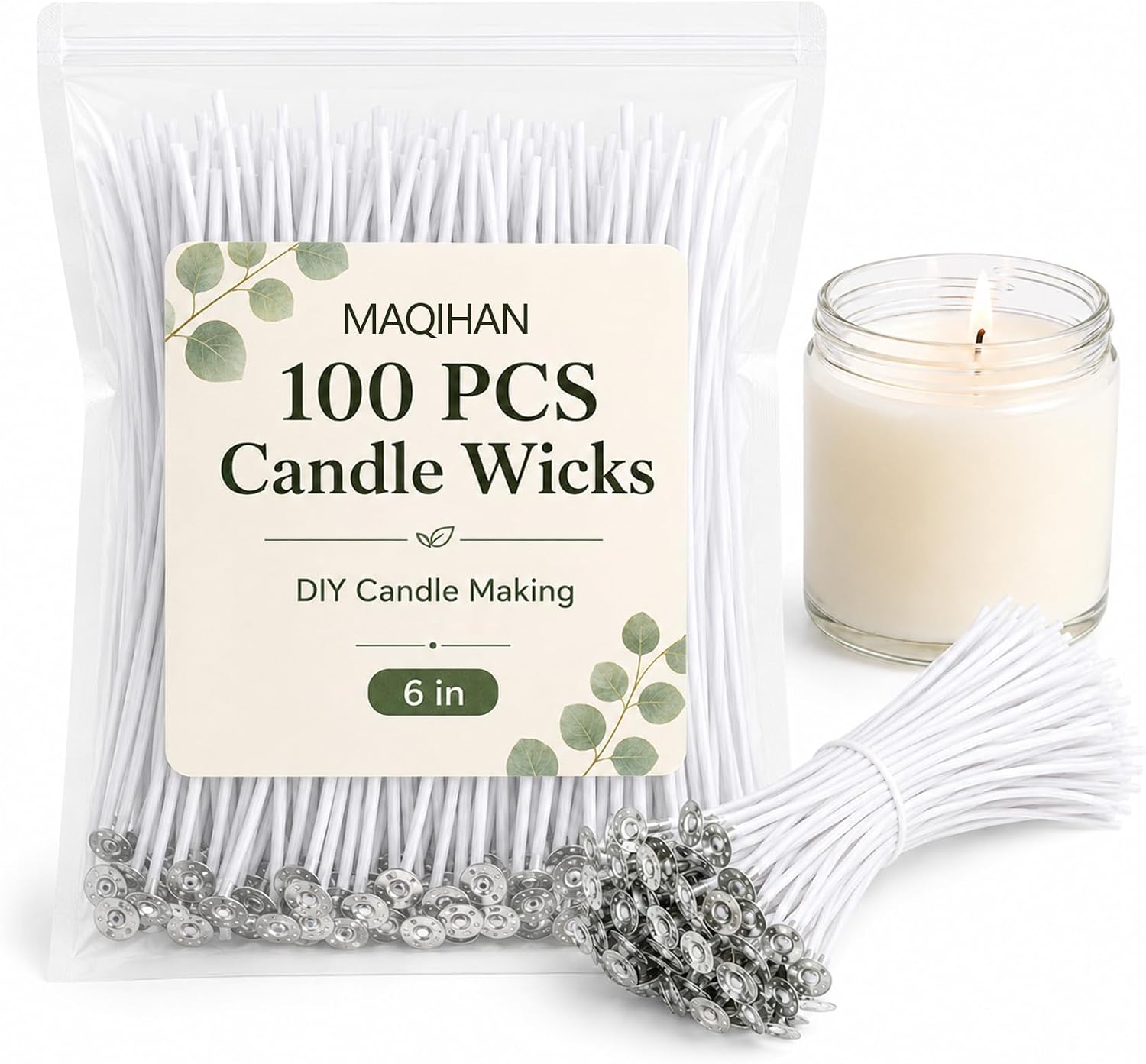 MAQIHAN 100 Candle Wicks for Candle Making - 6in Thick White Cotton Wicks