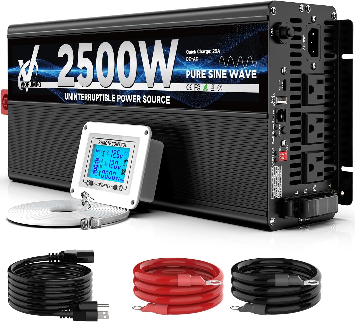 2500 Watt Sump Pump Backup Battery System, Automatic Switching to Battery Inverter Power, Professional Backup System in Case of Power Failure, Pure Sine Wave Output Remote Controller with LCD Screen
