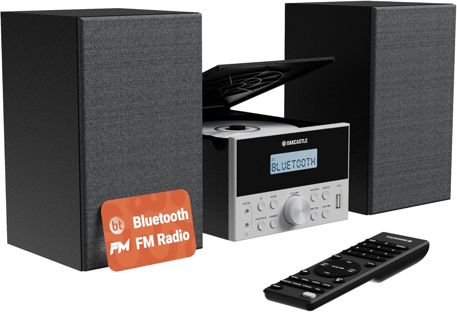 5.2 Bluetooth CD Player with Speakers | Powerful 20W Compact HiFi System with EQ Settings | FM Radio, 30 Presets, Wooden Build, Remote Included | USB, AUX, Plays MP3, CDs, CD-Rs | Oakcastle HIFI150