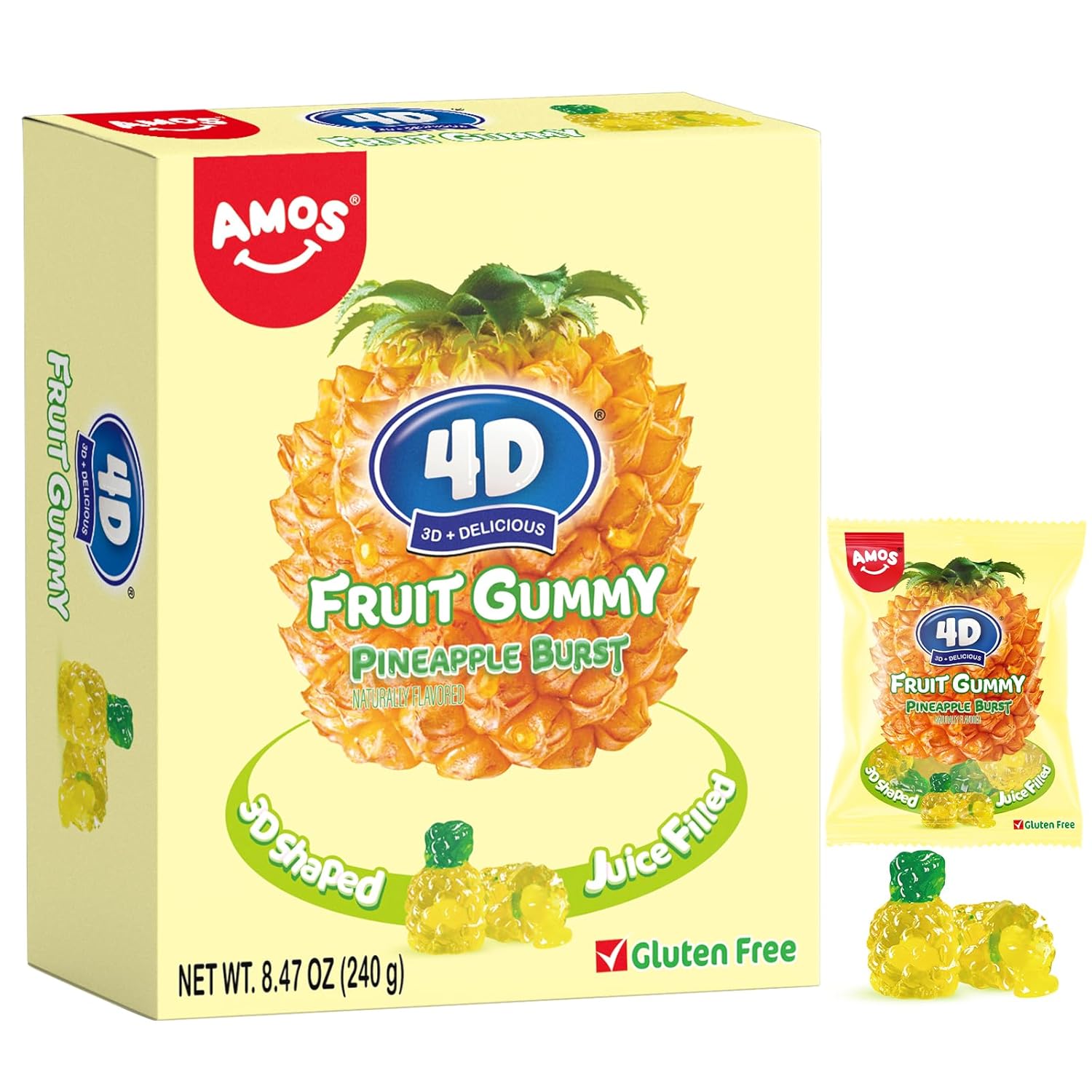 AMOS 4D Fruit Gummy Candy, Pineapple Burst, 8.47 oz Box - 3D Realistic Shapes with Soft Juice-Filled Center - 10 Individually Wrapped Mini Packs, Perfect Mother's Day & Basket Stuffers, Gluten Free