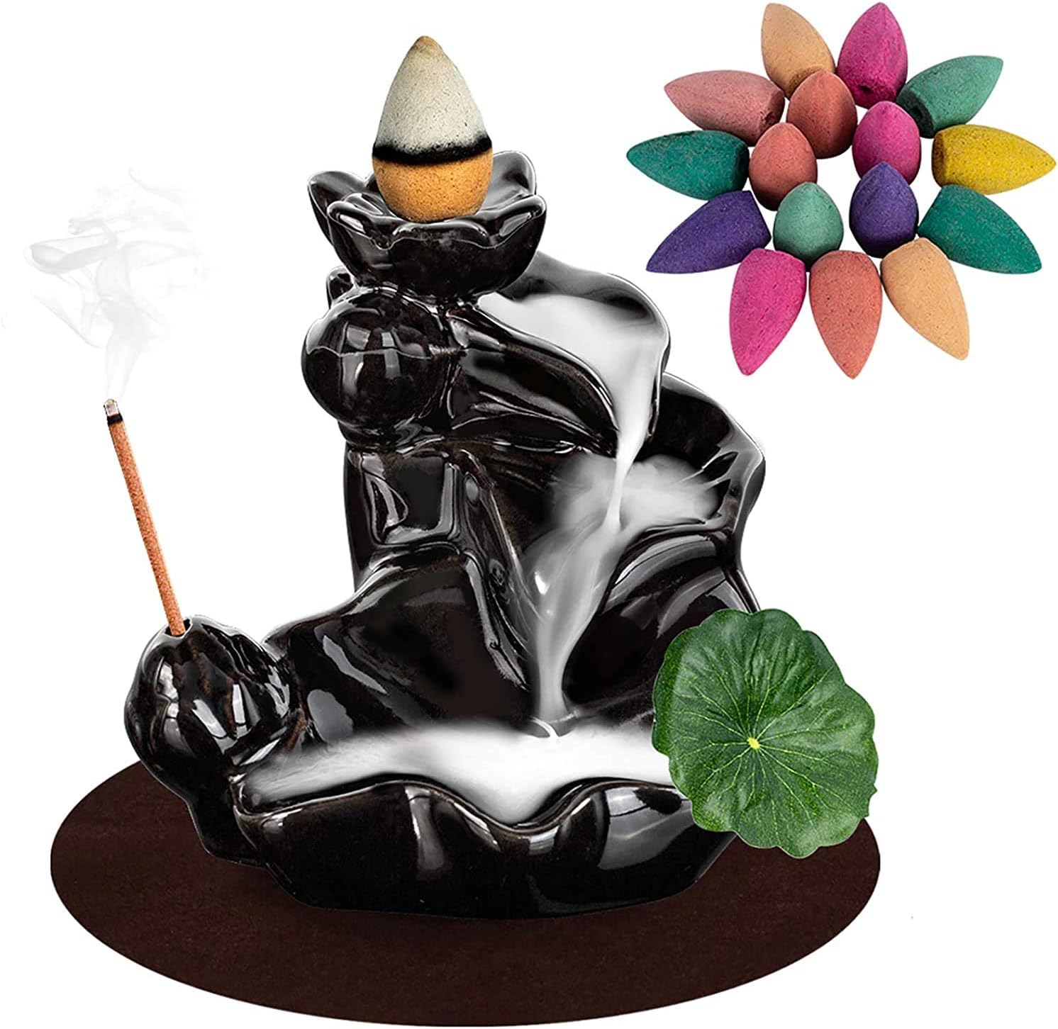 DK177 Waterfall Incense Holder Backflow Cone Ceramic Burner Handcrafted Porcelain Censer Incense Stick Stand with 20 Cones