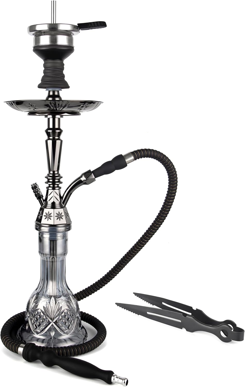 Hookah Set 25" Egyptian Style Hookah Complete Set with Everything, Shisha Accessories Includes Glass Vase, Clay Bowl, Leather Hookah Hose, Electroplated Black