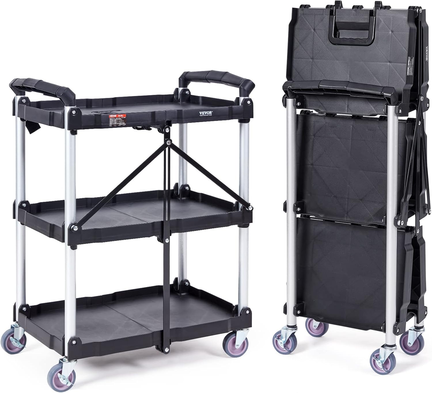 VEVOR Foldable Utility Service carry, 3 Shelf 165LBS Heavy Duty Plastic Rolling carry with Lockable Wheels, Ergonomic Handle, Portable Garage Tool carry for Warehouse/Office/Home(25.62"x15.43"x32.76")