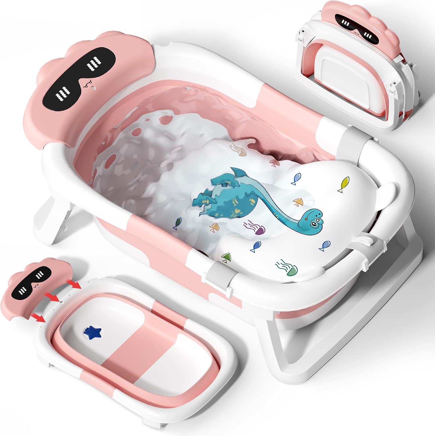 COOSEYA Foldable Baby Bath Tub Essentials for Newborn, Collapsible Baby Bathtub with Seat Support Cushion for 0-18 Months Toddler to Infant, Newborn Ideal Gift Folding Travel Portable, Pink