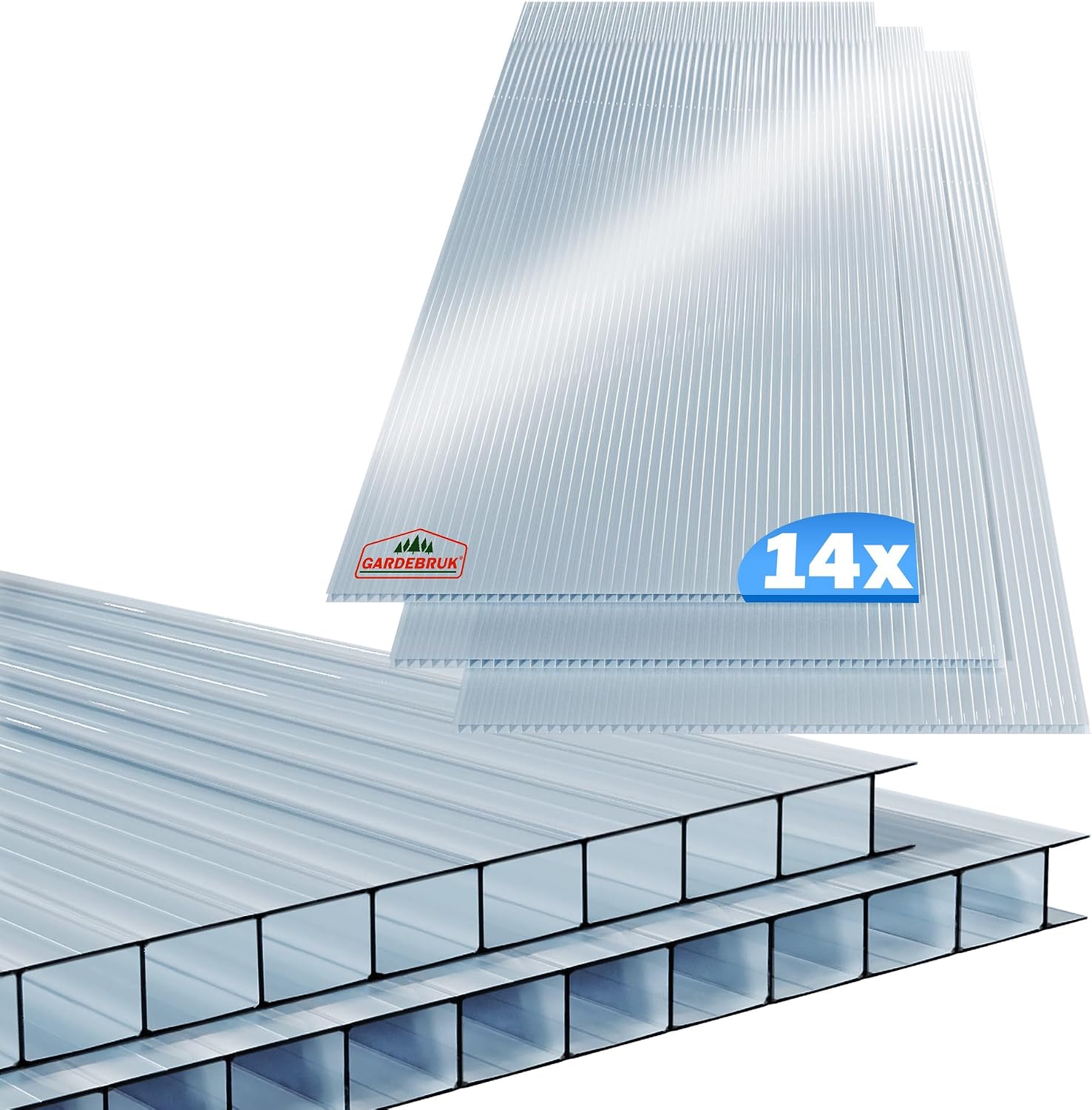 GARDEBRUK® 14x Polycarbonate Twin Wall Sheets, 4mm, 10.25m², 121 x 60.5cm | Double Wall Panels, For Greenhouse, Conservatory, Garden Shed, Plastic Shed, Fence Panels, Roofing Sheets, Plastic Sheeting