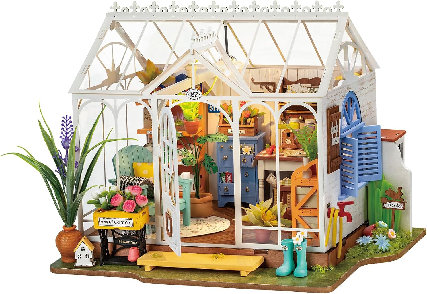 ROBOTIME DIY Miniature House Kit Garden House | Wooden Dollhouse Model Building Kit with LED for Adults and Children | Holiday Birthday Gift