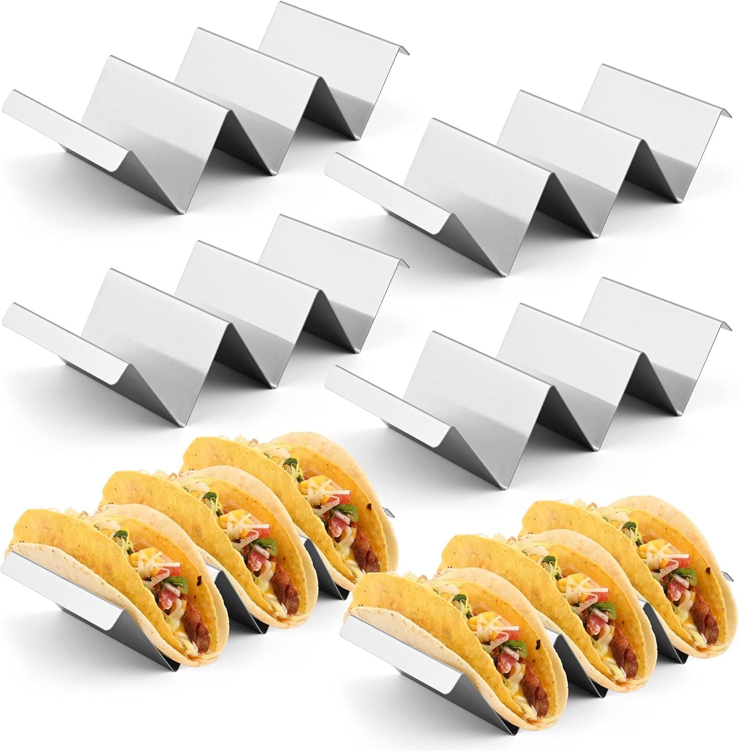 LATERN 6Pcs Taco Holder Stands, 21CM x 10CM Stainless Steel Taco Rack 3 Tacos Upright Stand Tray Stylish Taco Shell Holders with Handles - Oven, Grill and Dishwasher Safe