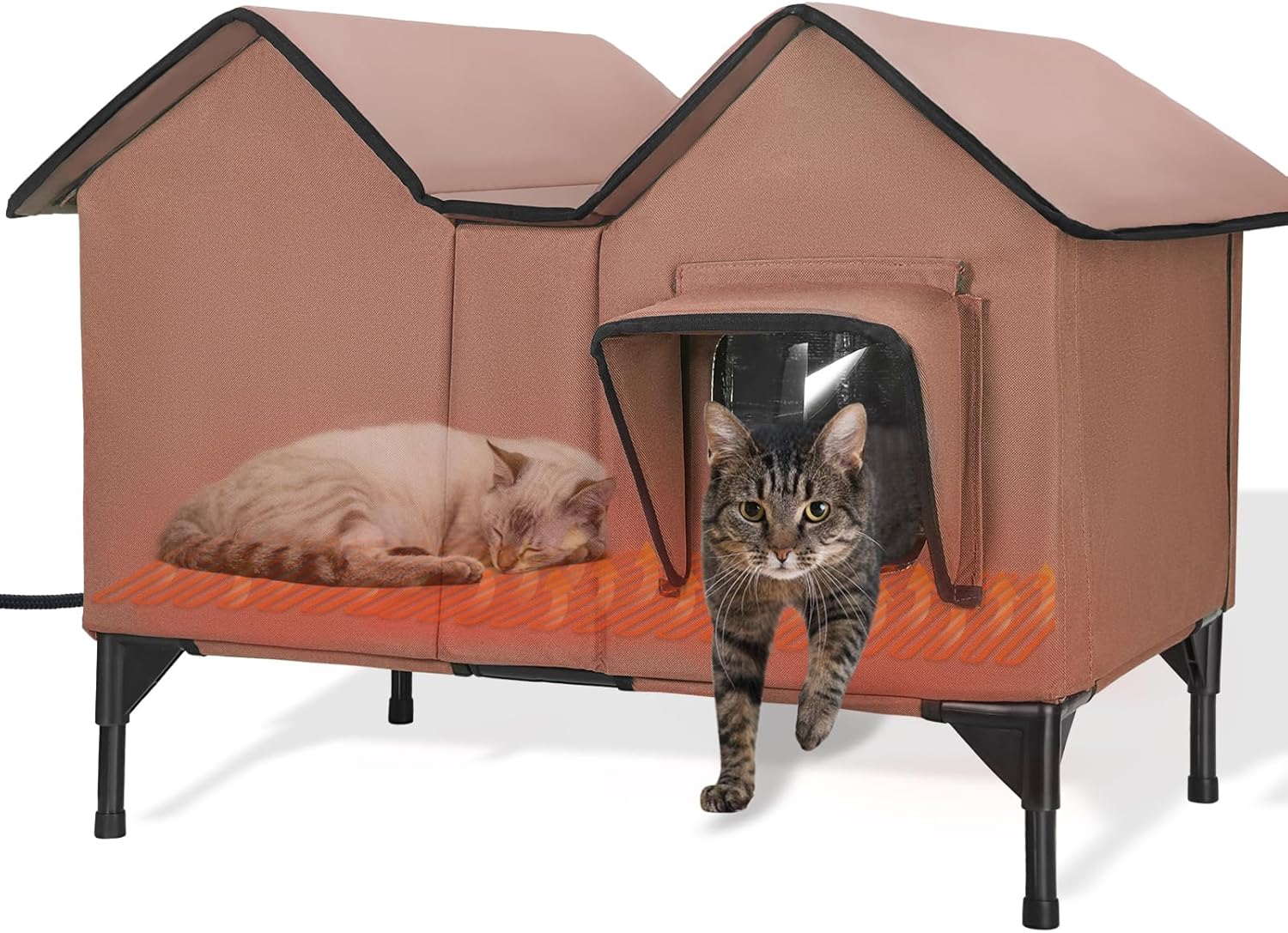 Extra Large Heated Outdoor Cat House Weatherproof, Insulated Outdoor Heated Cat House for Outside with Heater, Elevated Outdoor Feral Cat Shelter for Multiple Cats Small Dogs (Brown, XL)