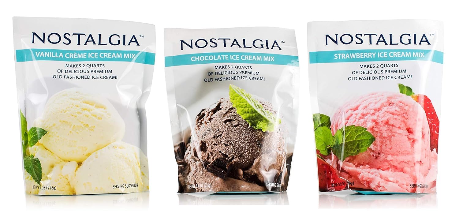 Ice Cream Mix. Vanilla, Chocolate and Strawberry. Each Pocket of 8 Oz Makes 2 Quarts of Delicious Premium Old Fashioned Ice Cream!