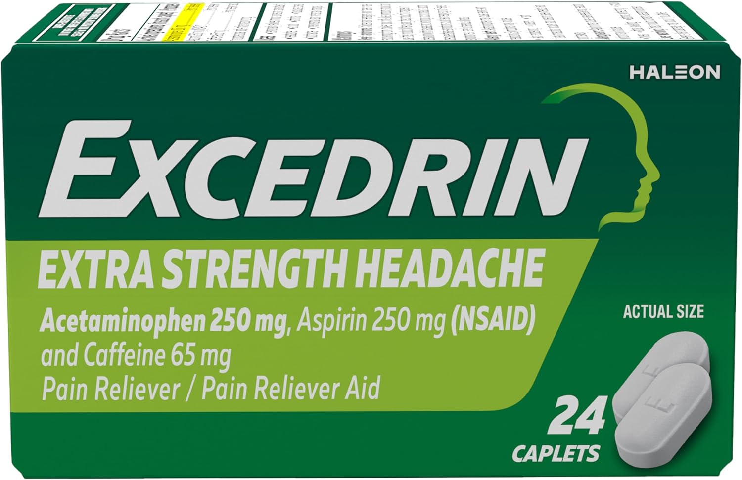 Excedrin Extra Strength Caplets for Headache Pain Relief, Acetaminophen 250mg, Aspirin 250mg, Caffeine 65mg, Pain Reliever, 24 count