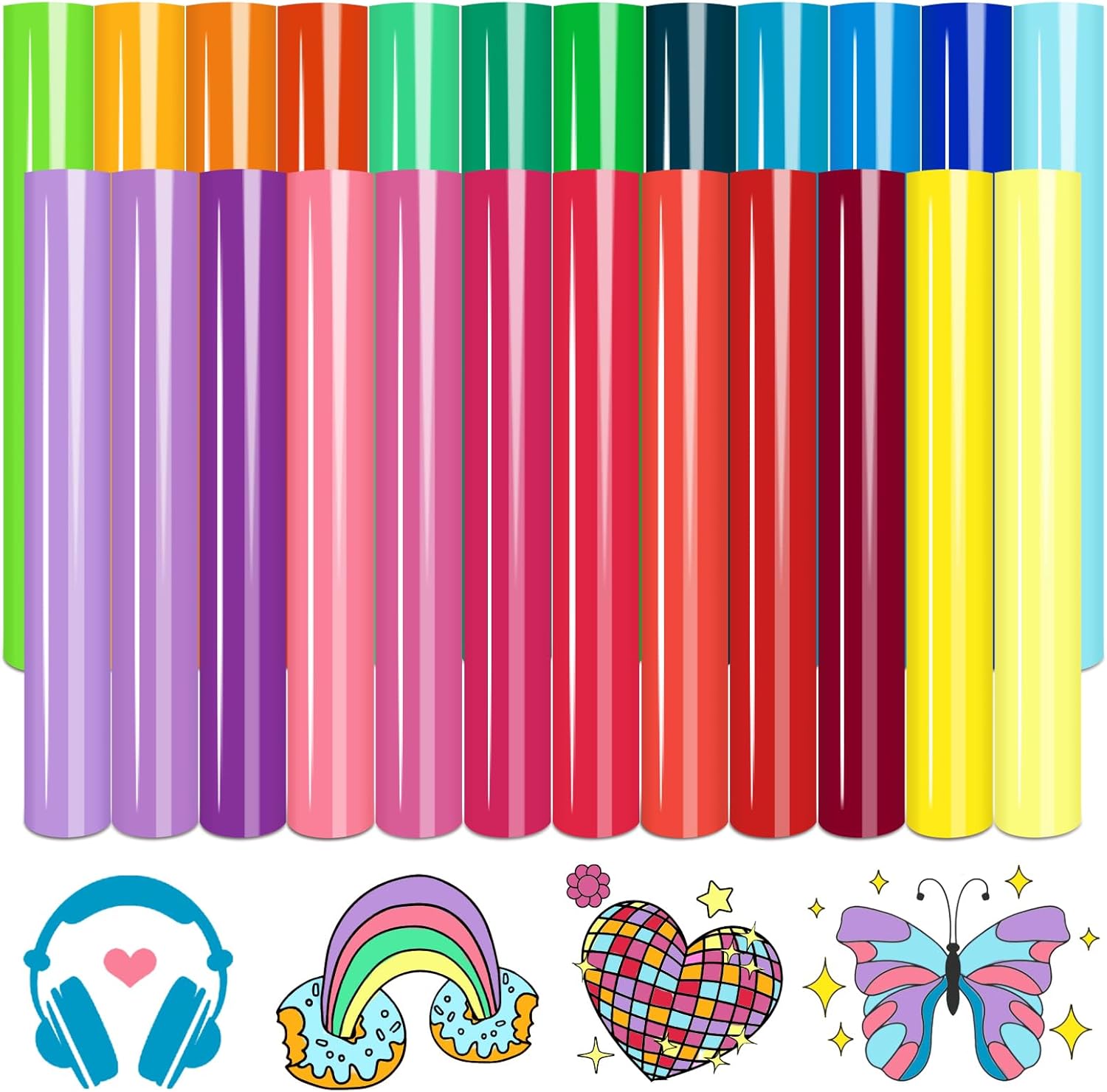 Tintnut Bright Color Heat Transfer Vinyl -24 Sheets 12"x10" Multicolored Iron on Vinyl for T-Shirts Clothing Bags HTV Vinyl for All Cutting Machine