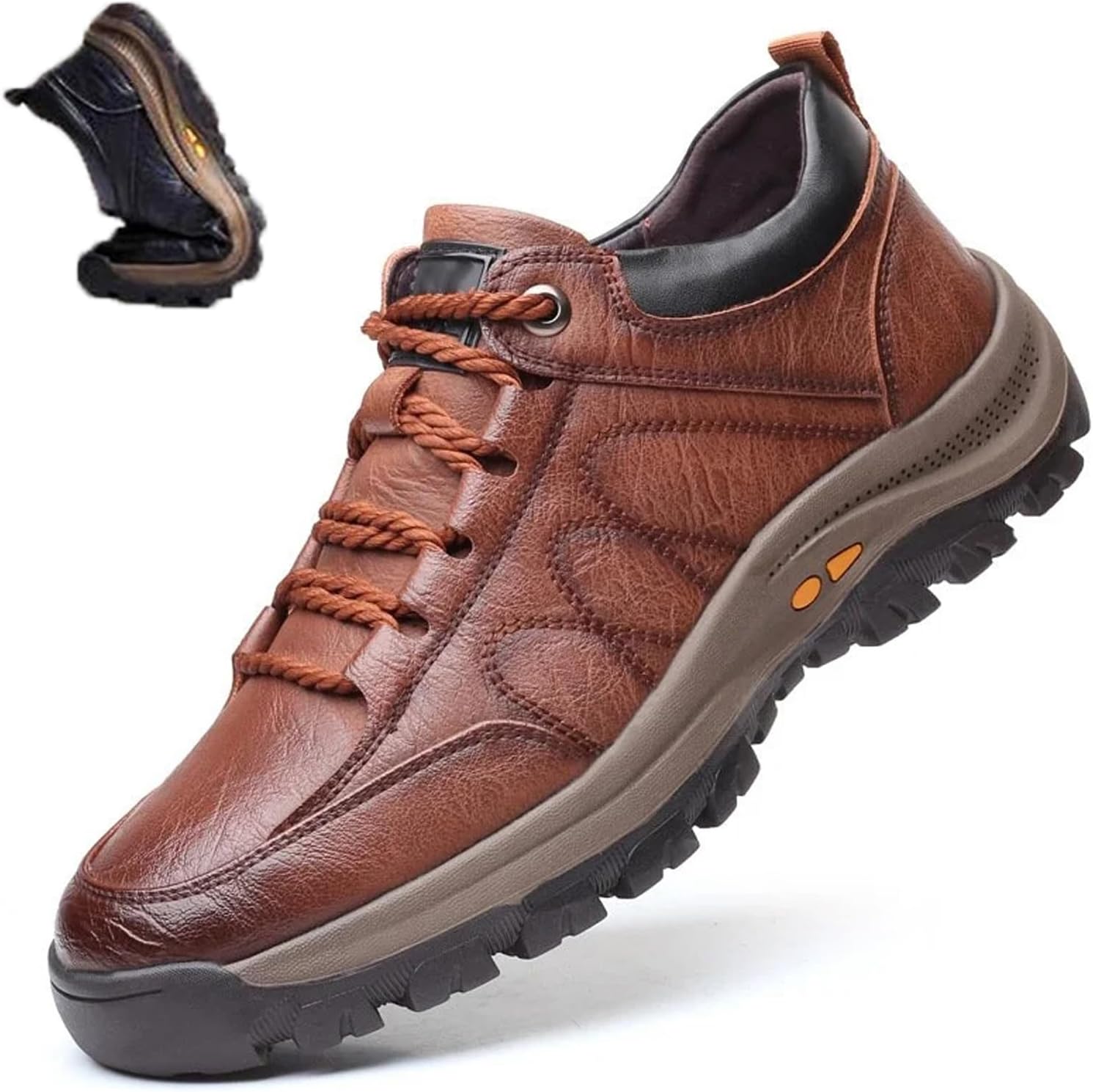 Nbzsmlkn Hand-stitched Leather Shoes,Men Hiking Shoes Arch Support Anti-Fatigue Anti Slip Shock Warm Running Boots,Men's Comfortable Orthopedic Leather Sneakers with Arch Support