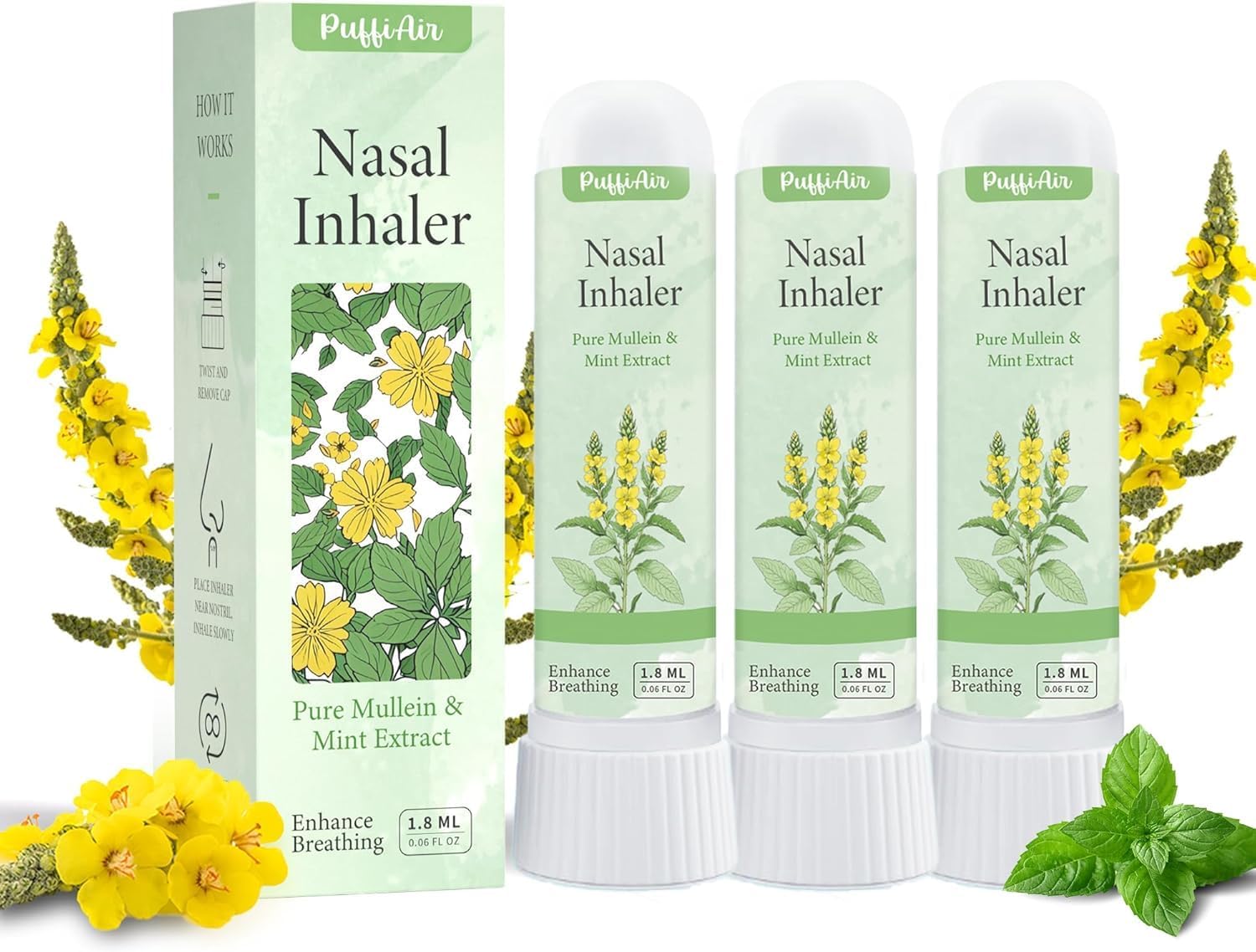 PUFFIAIR Mullein Essential Oil Nasal Sticks, Nose Inhaler for Sinus Relief, Lung Cleansing, Breathing Improvement, Pure Natural Herbal Extract, Made in USA - 3 Pack