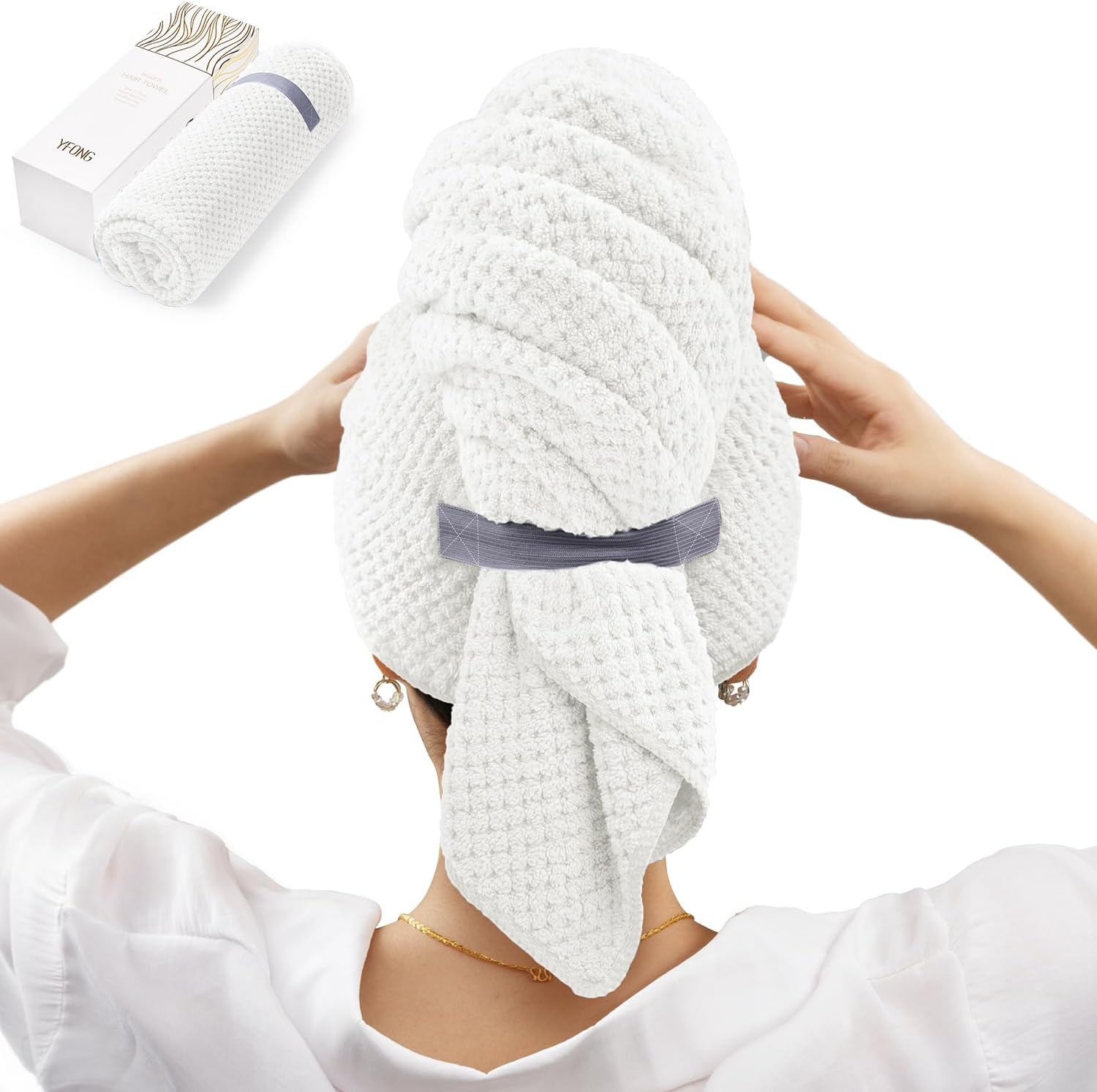 YFONG X-Large Hair Towel Wrap for Women, Super Absorbent Microfiber Hair Towel for Curly Hair, Fast Drying Hair Turbans with Elastic,Hair Drying Towel Wrap for Hair Care 30" X 40" (White)