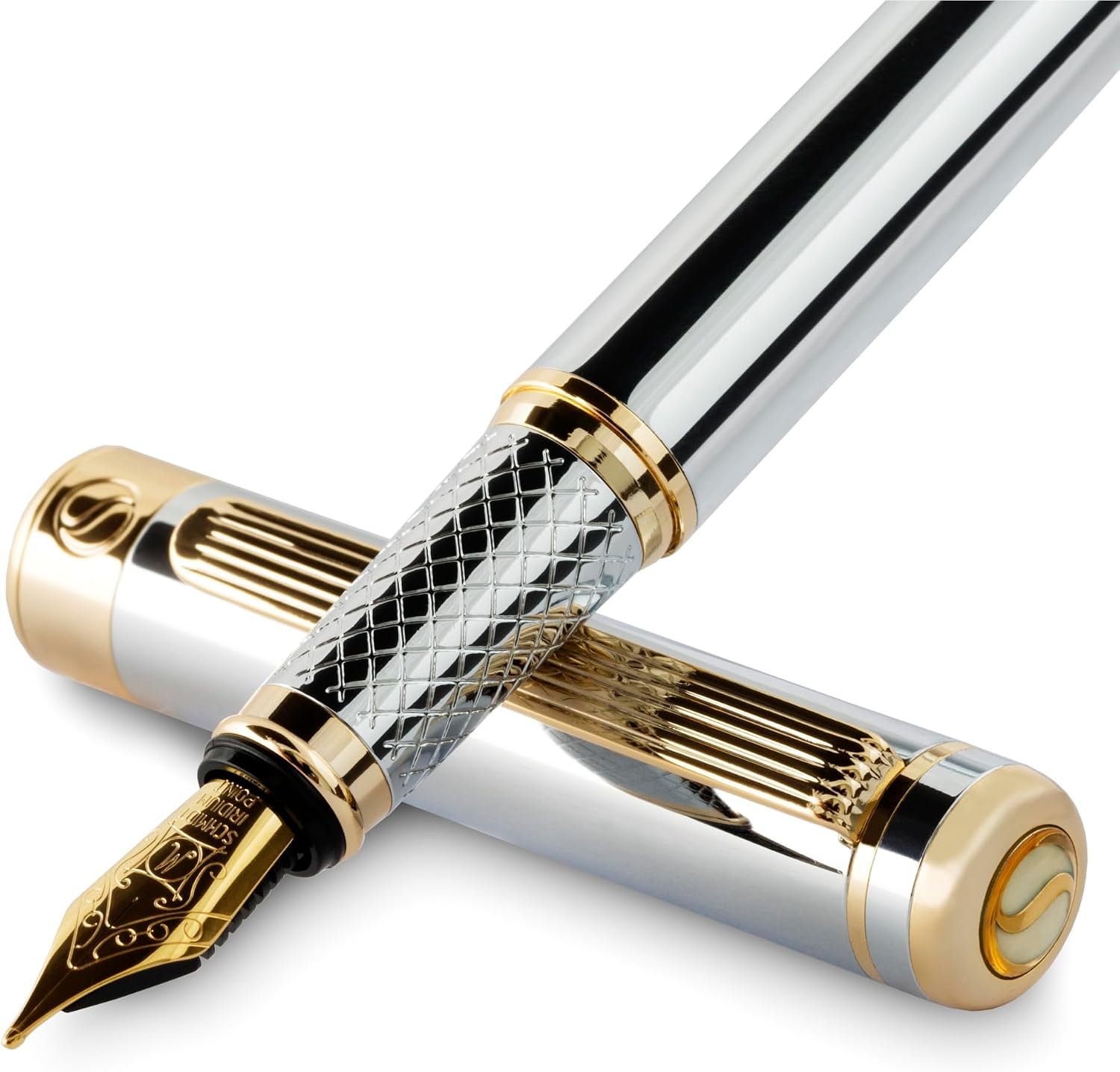 Scriveiner Silver Chrome Fountain Pen - Stunning Luxury Pen, Real Gold Finish Schmidt Gilded Nib (Medium), Best Pen Gift Set for Men & Women, Professional, Executive Office, Nice Pens