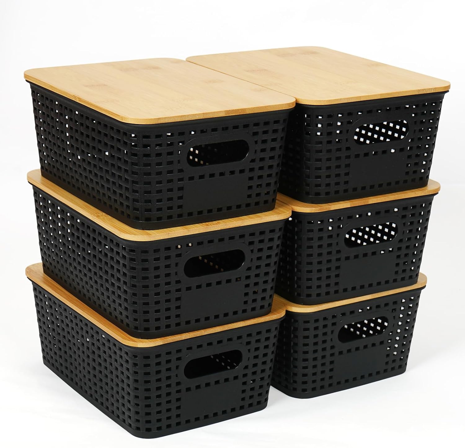 UHAPEER 6Pcs Storage Black Plastic Bins with Bamboo lids,Lidded Storage Bins,Stackable Storage Boxes Weaving Wicker Storage Basket Box Containers with Lid and Handle for Kitchen Bathroom25.6x18x10.7cm
