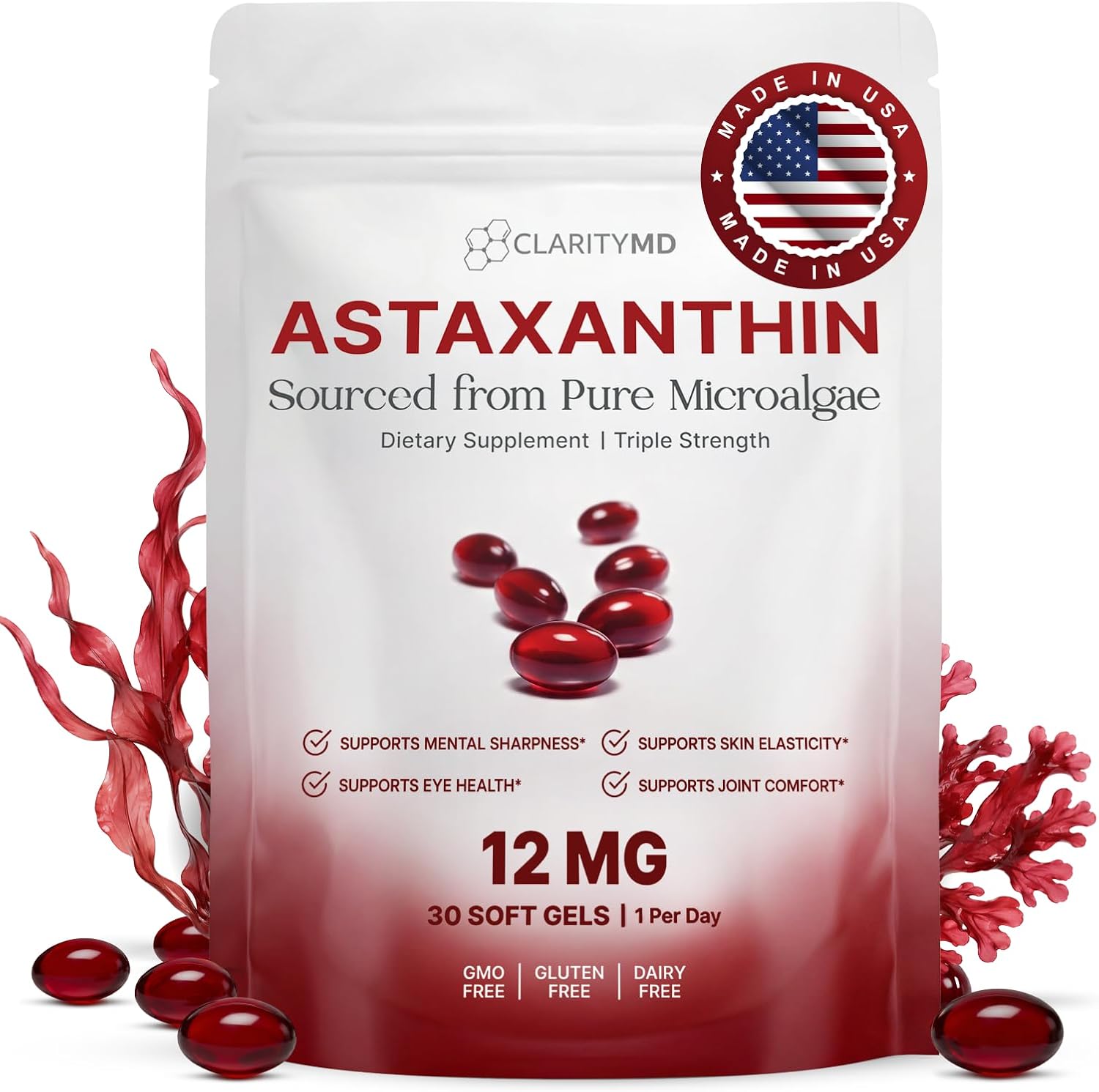 Astaxanthin 12mg Antioxidants Supplement – Natural Microalgae Source – Lipid-Based Softgel for Enhanced Absorption – Cognitive, Vision & Joint Support – 30 Softgels (Pack of 1)