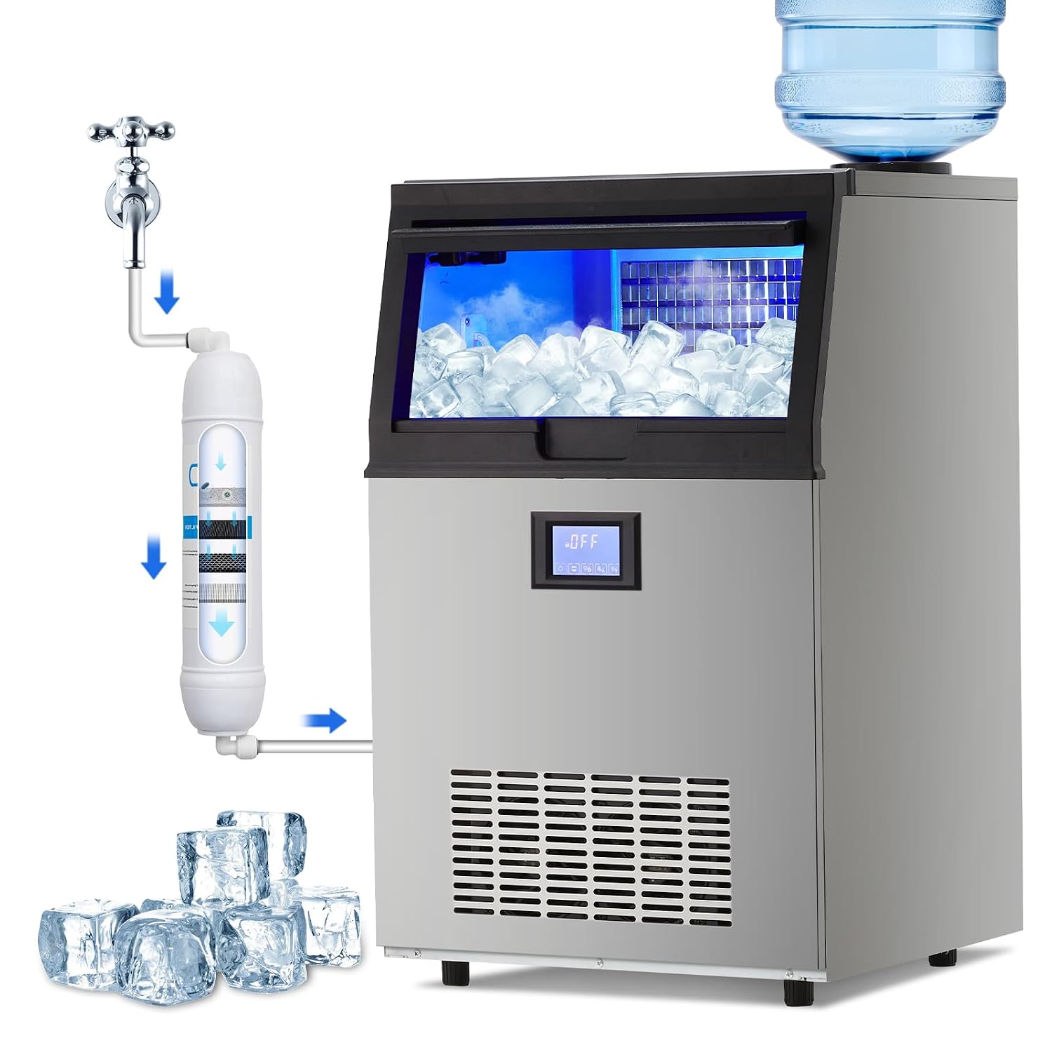 Commercial Ice Maker, 100 Lbs/24H Free Standing Ice Maker, Ice Machines with 33 Lbs Ice Storage Bin, Self Cleaning Under Counter Ice Maker for Bar, Restaurant, 2 Ways to Add Water