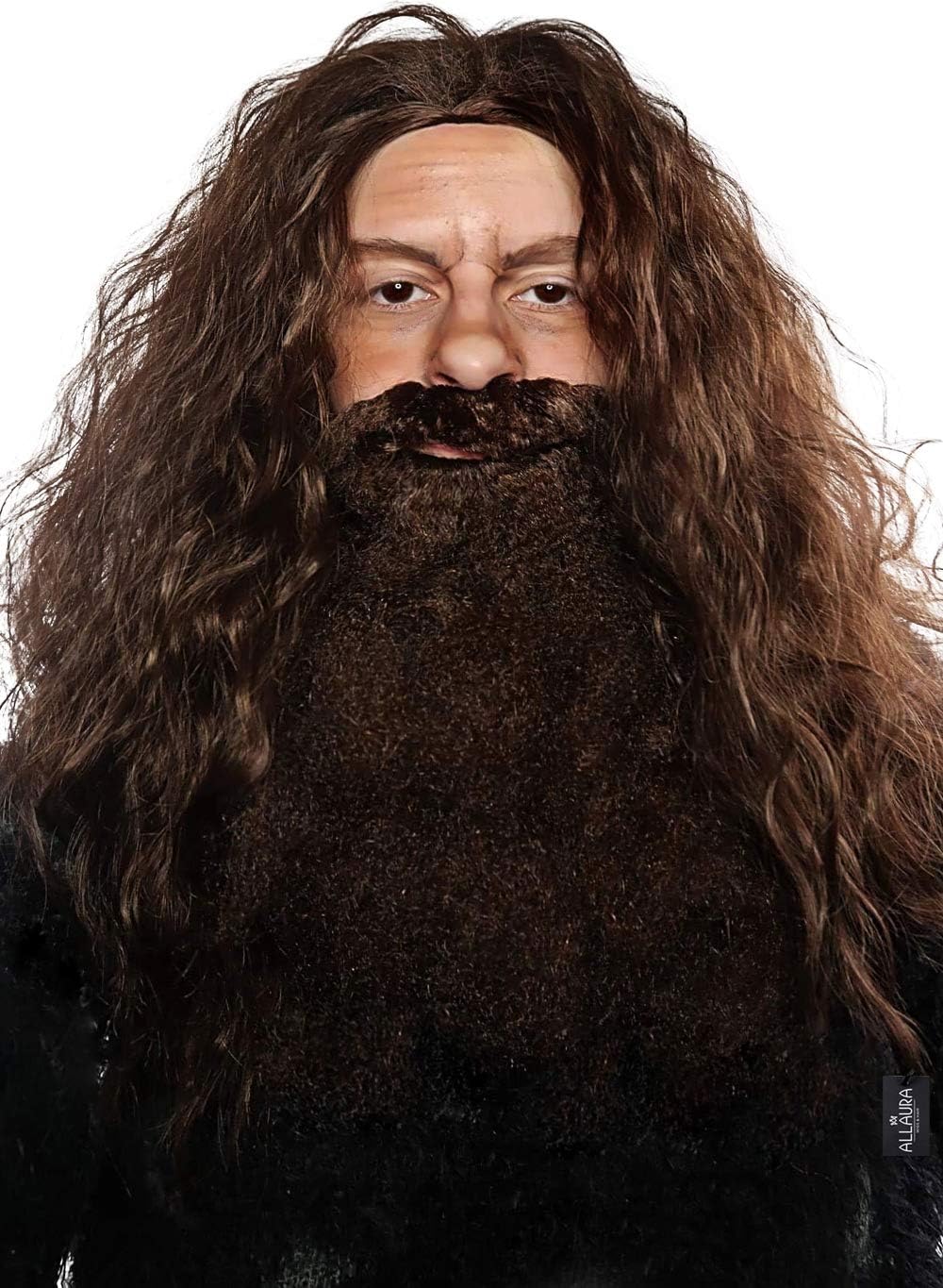 ALLAURA - Brown Wizard Wig and Beard Set - Mens Viking Wig Character - Fake Wizard Beard Mustache Fits Adult Men