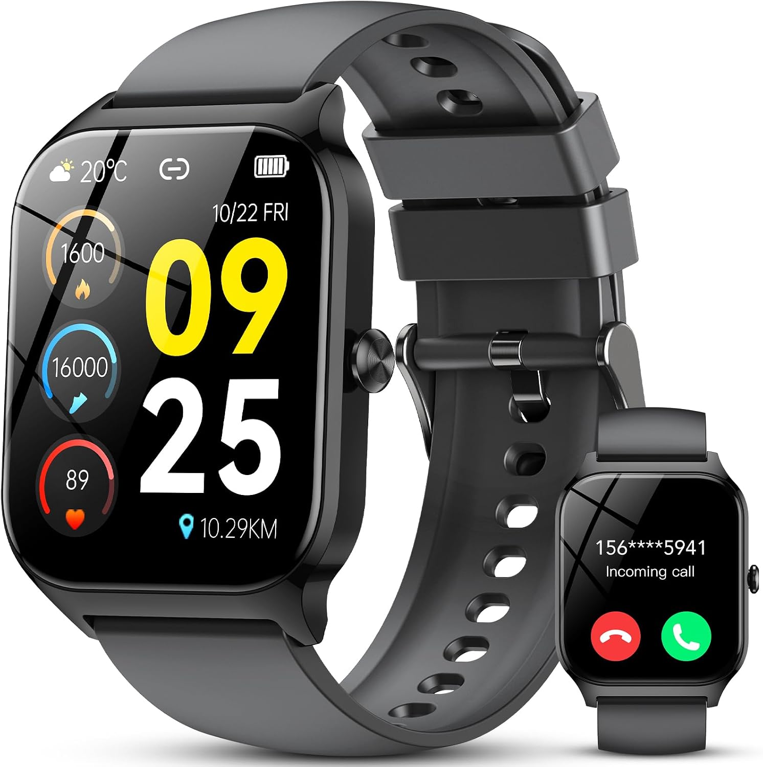 CASCHO Smart Watch for Men Women, 1.85" HD Fitness Tracker with Bluetooth Calls/Messages, IP68 Waterproof, 115+Sports Modes, 24/7 Heart Rate/Sleep Fitness Watch Compatible with iOS/Android (Black)