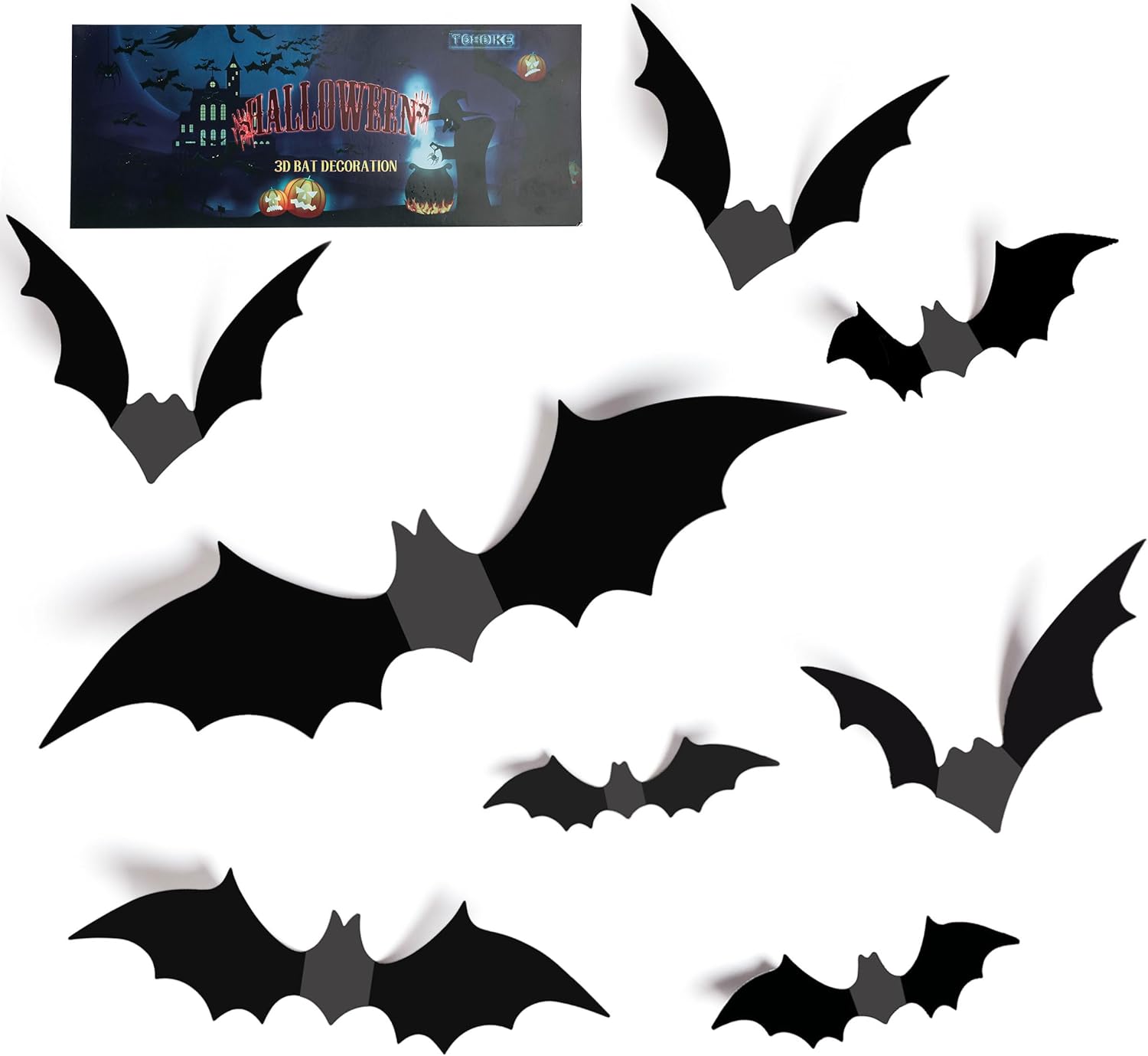 TDHDIKE Halloween Decorations Bats Wall Decor Halloween Party Decorations Indoor Outdoor Decor Supplies, 64 Pcs Reusable PVC 3D Black Bats Stickers for Creepy Home Bathroom Decor
