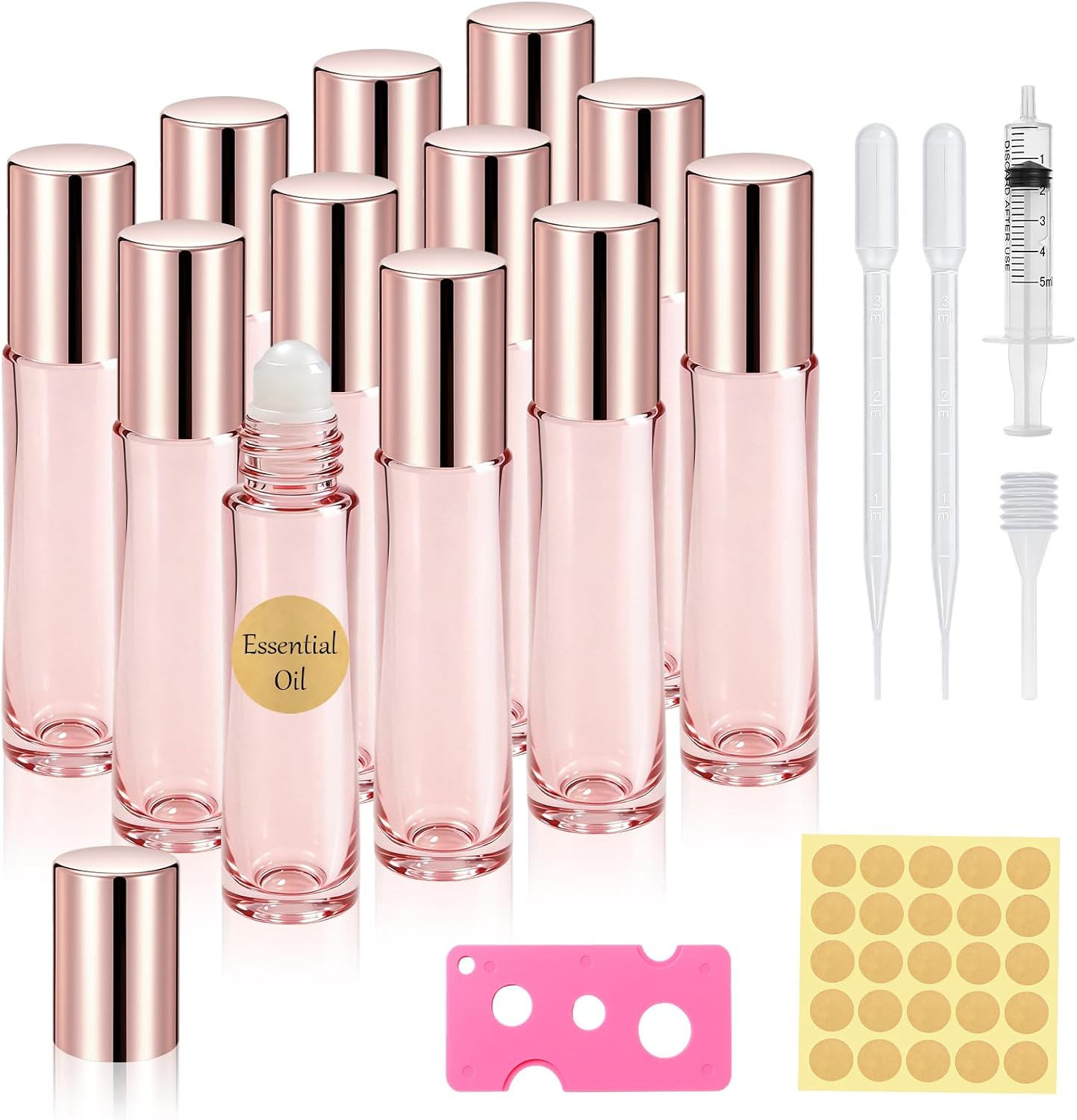 10ml Roller Ball Bottles for Essential Oils, 12Pcs Glass Essential Oil Roller Bottles Pink, Refillable Rollerball Bottle with Syringe, Roll on Bottle for Perfume, Fragrance & Aromatherapy