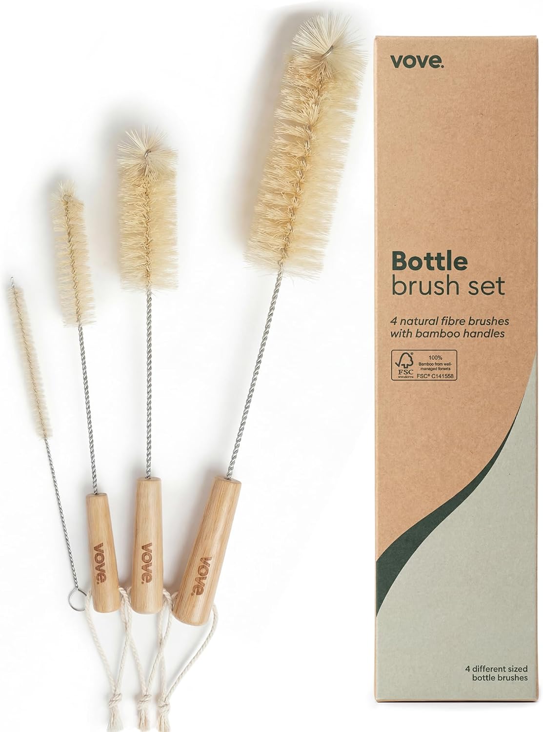 Vove Bottle Brush Set, 4 Natural Sisal Brushes with Bamboo Handles