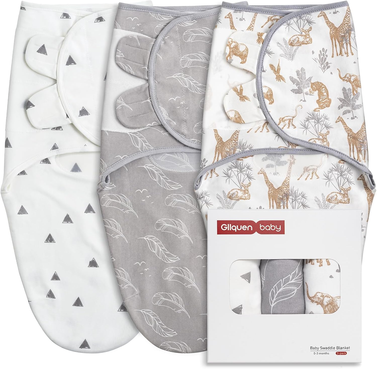 GLLQUEN BABY Baby Swaddle Wraps for 0-3 Months Newborn,Oeko-tex100,100% Breathable Organic Cotton Fabric Swadding Blankets,3 Pack (Jungle Exploration)