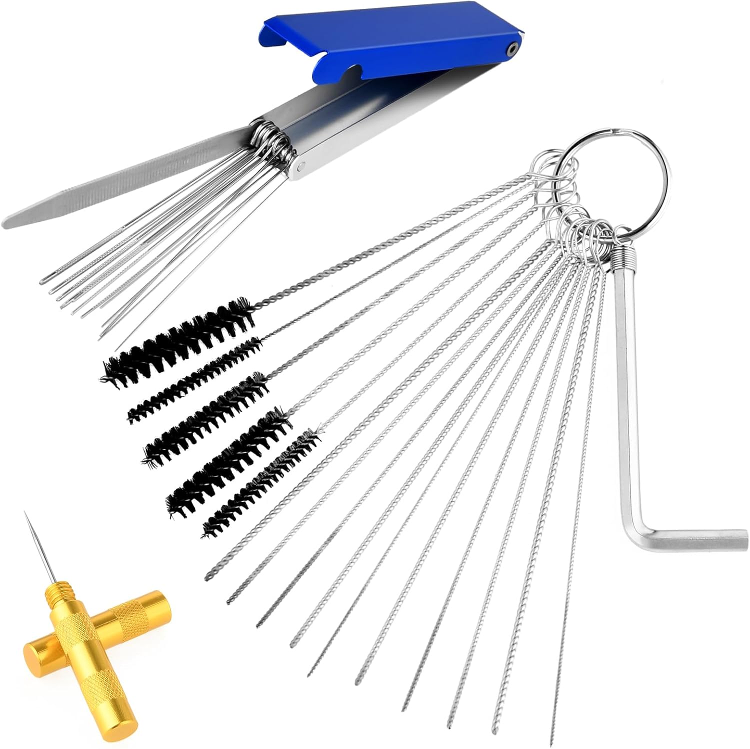 Carburetor Cleaning Kit Carburetors Carbon Dirt Jet Remove Cleaner - Stainless Steel 13 Cleaning Wires Set, 5 Nylon Brushes, 10 Cleanings Needles, 1 Throttle Wrench and 1 Sharp Pick