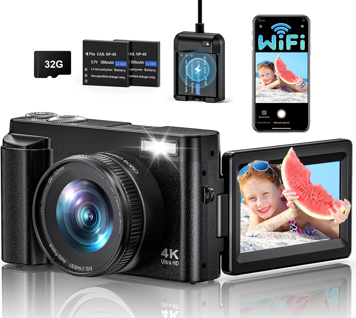 CAMKORY Digital Camera 4K 64MP Newly Upgraded Vlogging Camera with WiFi Function for Youtube with 180° Flip Screen, 16X Digital Zoom Compact Digital Camera with 32GB Card, 2 Batteries for Beginners