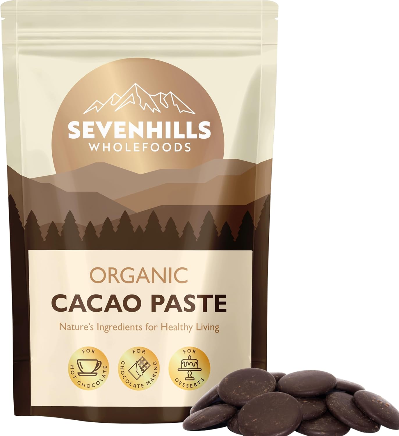 Sevenhills Wholefoods Organic Cacao Paste (Liquor, Mass) Wafers/Discs 500g for Hot Chocolate & Baking, Unsweetened, Buttons, Drops