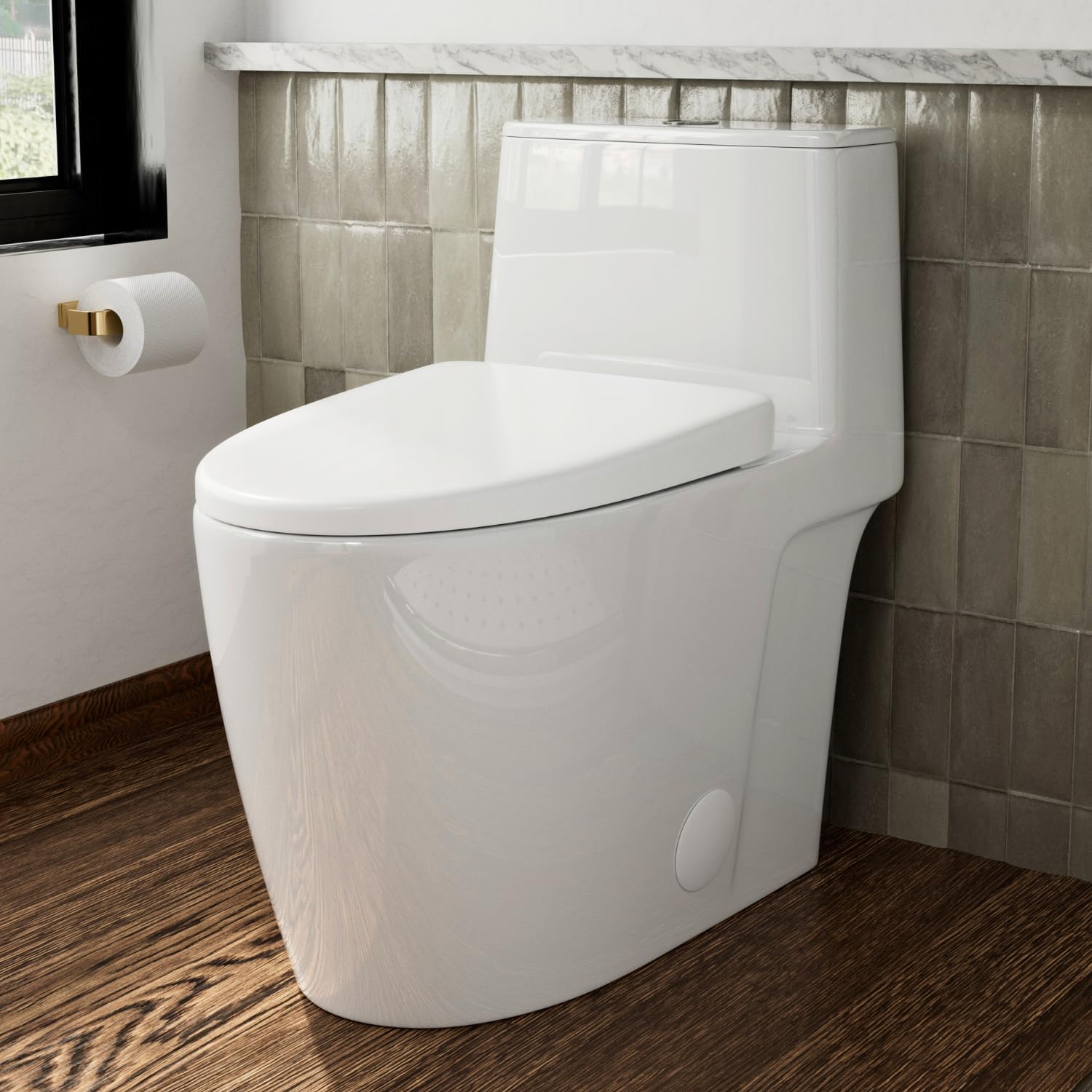 17.3" Elongated One Piece Toilet with Rimless Swirl Flush, Los Flexi Modern Toilets For Bathrooms, ADA Chair Height, Dual Flush 1.0/1.28 GPF, White 17 Inch Toilet Bowl, Soft-Close Seat & 12" Rough-In