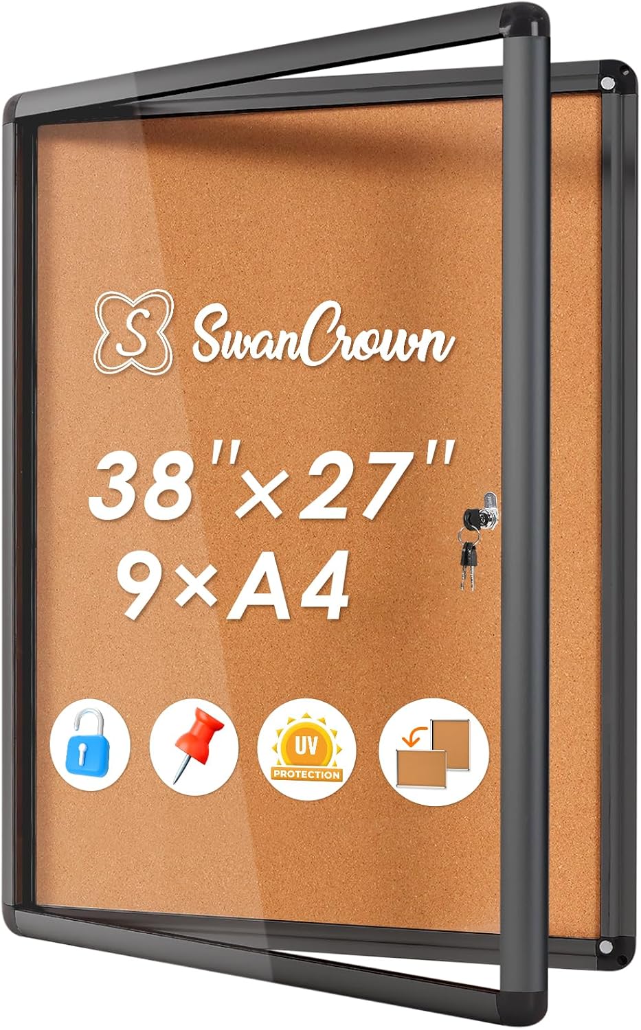 SWANCROWN 38x28 in Enclosed Bulletin Board, Lockable Display Board 9xA4
