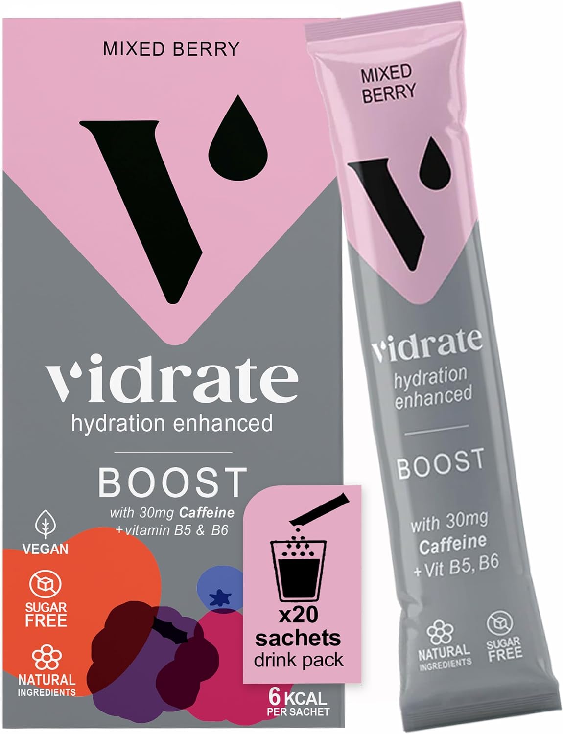 Electrolytes Powder - Hydration Sachets Packed with Vitamins - Zero Sugar Rehydration Sachet No Artificial Sweeteners & Preservatives by ViDrate - Boost Mixed Berry Large Pack, 20 Electrolytes Sachets
