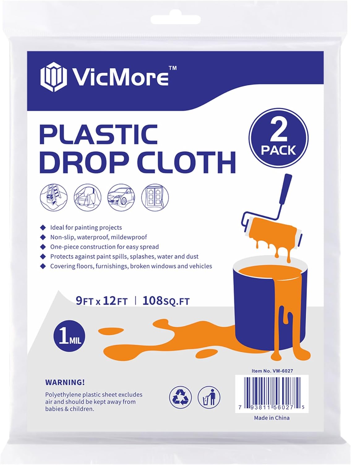 VicMore 2-Pack Plastic Drop Cloth 9x12 Feet - Waterproof and Clear Tarp for Painting, Furniture Protection, and Floor Covering - Durable Multipurpose Sheeting