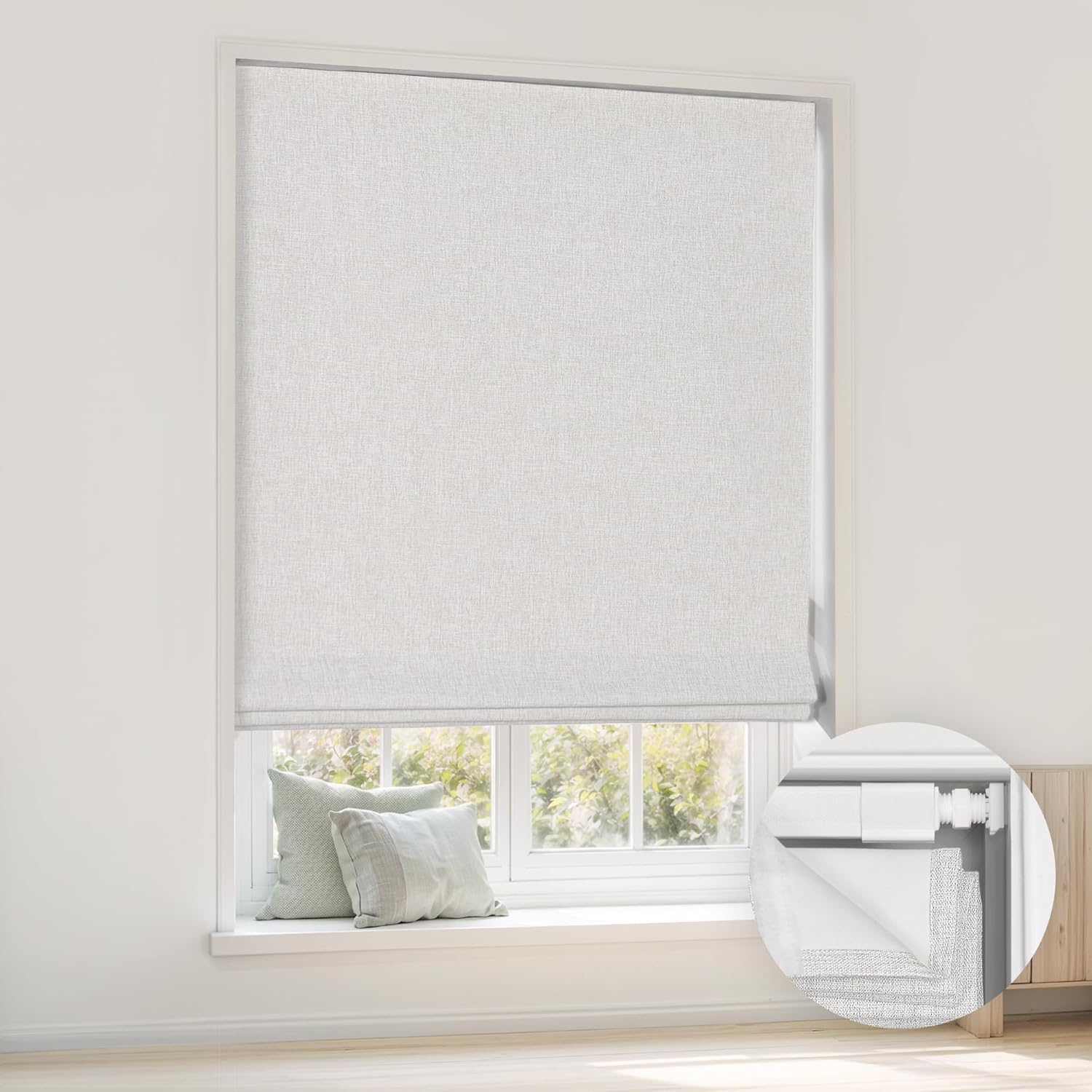 LazBlinds No Tools No Drill Cordless Roman Shades for Windows, Blackout Thermal Insulated UV Blocking Window Blinds, Room Darkening Fabric Blinds for Indoor Windows, 27'' W x 64'' H, Off White