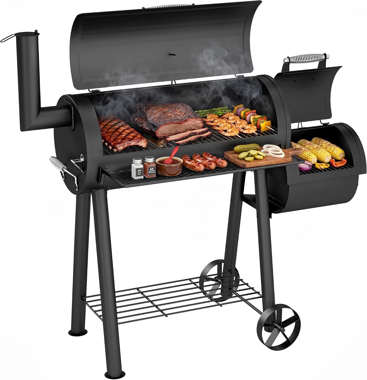 MFSTUDIO Heavy Duty Charcoal Wood Offset Outdoor Smoker Grill, Charcoal Grill with Smoker Combo for BBQ Grilling, 512 SQ.IN.