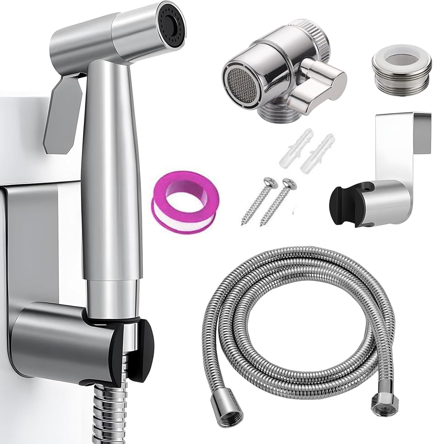 Handheld Bidet Sprayer, Stainless Steel Toilet Douche Shower Spray with 2 Way Faucet Diverte, 1.5m Shower Hose, Toilet Bidet Shattaf Sprayer for Personal Hygiene Bathroom Cleaning