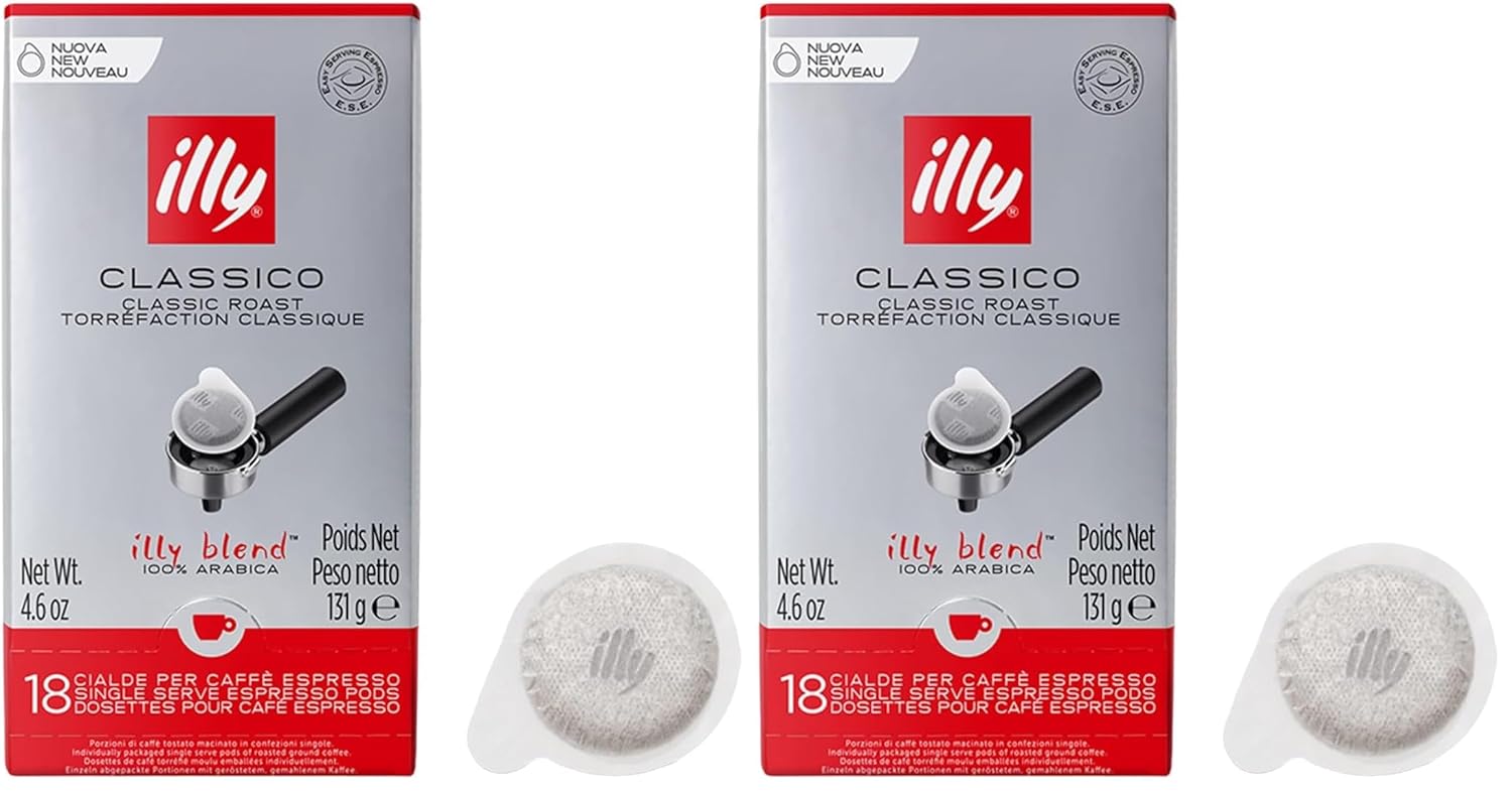 Illy Classico E.S.E. Pods, Medium Roast, Classic Roast with Notes of Chocolate & Caramel, 100% Arabica Coffee, All-Natural, No Preservatives, 18 Count (Pack of 2)