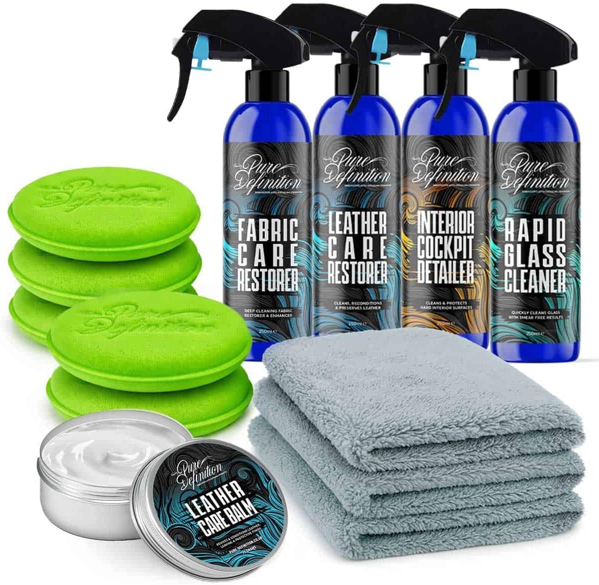 Pure Definition Car Interior Detailing Kit, Glass, Leather, Fabric Cleaner and Accessories - Cleaning Set Restores Trim, Upholstery, Plastic and Mirror