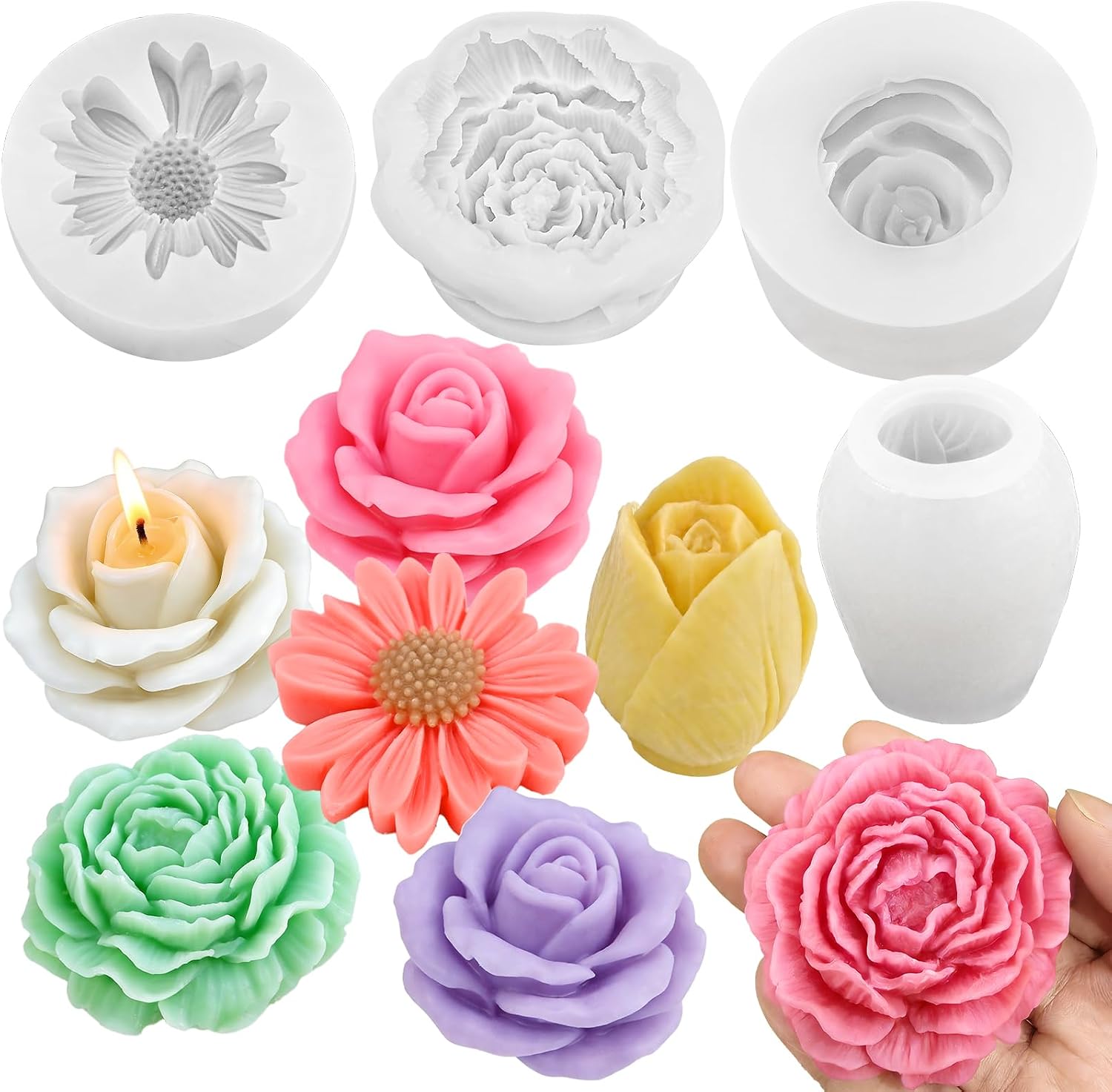 Flower Candle Molds Set, 3D Rose, Daisy, Peony, Tulips Floral Molds