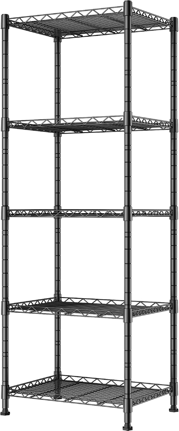 REGILLER 5-Wire Shelving Metal Storage Rack Adjustable Shelves, Standing Storage Shelf Units for Laundry Bathroom Kitchen Pantry Closet(Black, 16.6L x 11.8W x 53.5H)