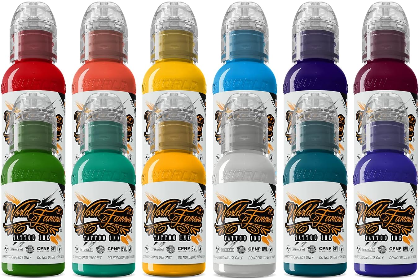 World Famous Tattoo Ink - 12 Primary Color Tattoo Kit #3 - Professional Tattoo Ink in Color Assortment, Includes White Tattoo Ink - Skin-Safe Permanent Tattooing - Vegan & Non-Toxic (1 oz Each)