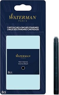 Waterman Fountain Pen Ink Cartridges, Long, Intense Black, 8 Count, Blister Pack