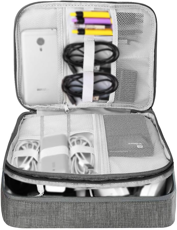 HCFGS Travel Cable Organiser Bag, Electronics Accessories Organizer Bag Extra Large 3-Layers Universal Carry Travel Gadget Bag for Power Bank, Memory Card, Data cable, Charger Hard Disk (Grey)